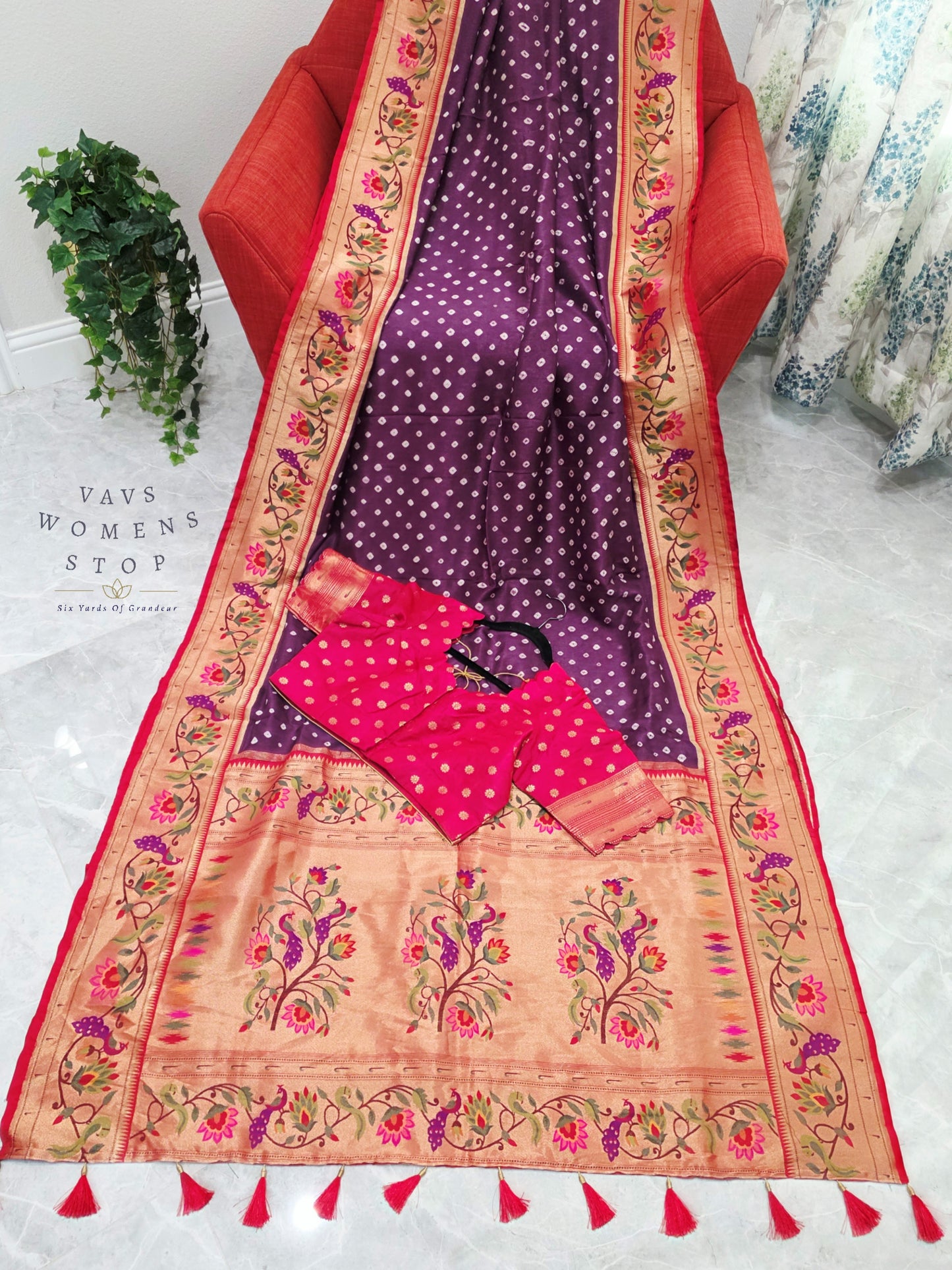 Royal Orchid Purple Munga Silk Bandhani Saree with Paithani Pallu & Designer Blouse Size 42-48