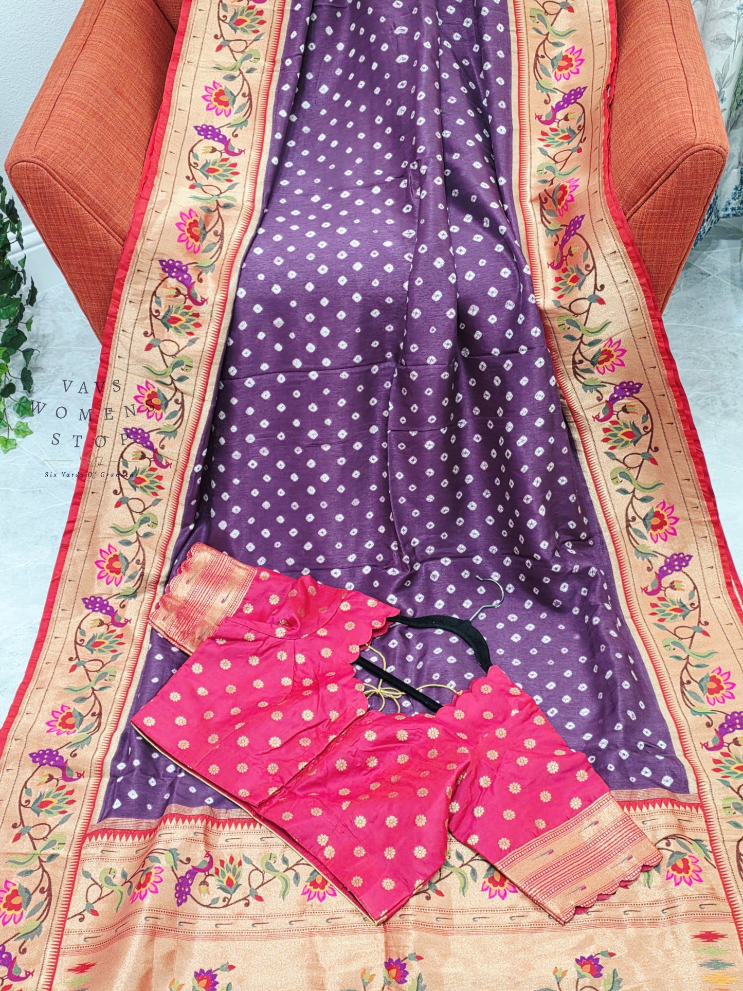 Royal Orchid Purple Munga Silk Bandhani Saree with Paithani Pallu & Designer Blouse Size 42-48