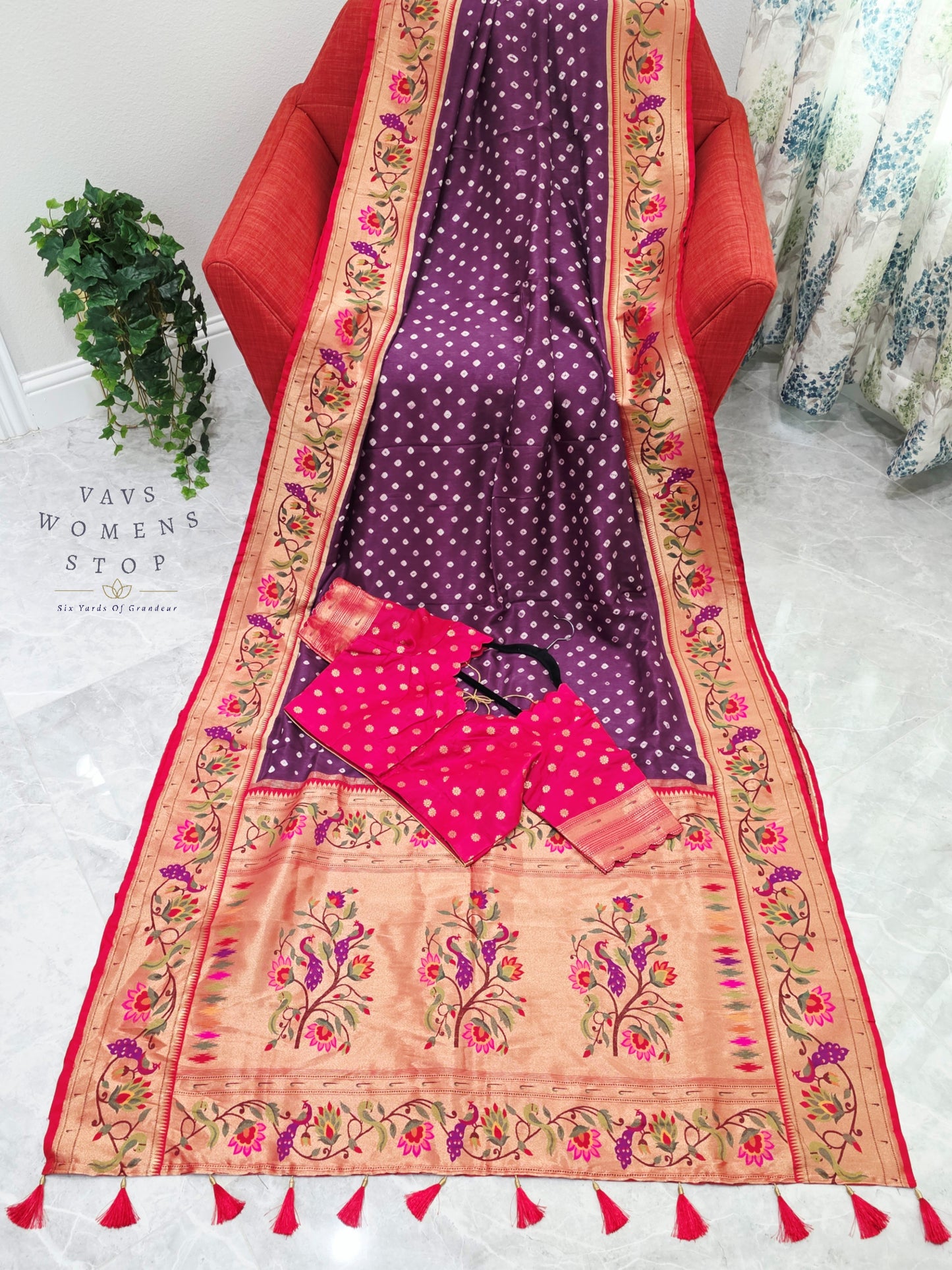 Royal Orchid Purple Munga Silk Bandhani Saree with Paithani Pallu & Designer Blouse Size 42-48