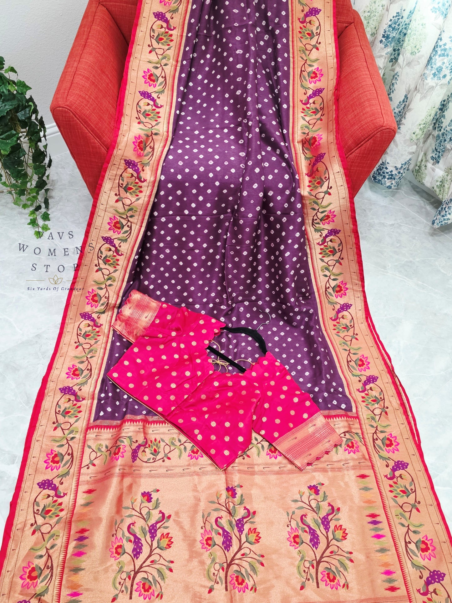 Royal Orchid Purple Munga Silk Bandhani Saree with Paithani Pallu & Designer Blouse Size 42-48