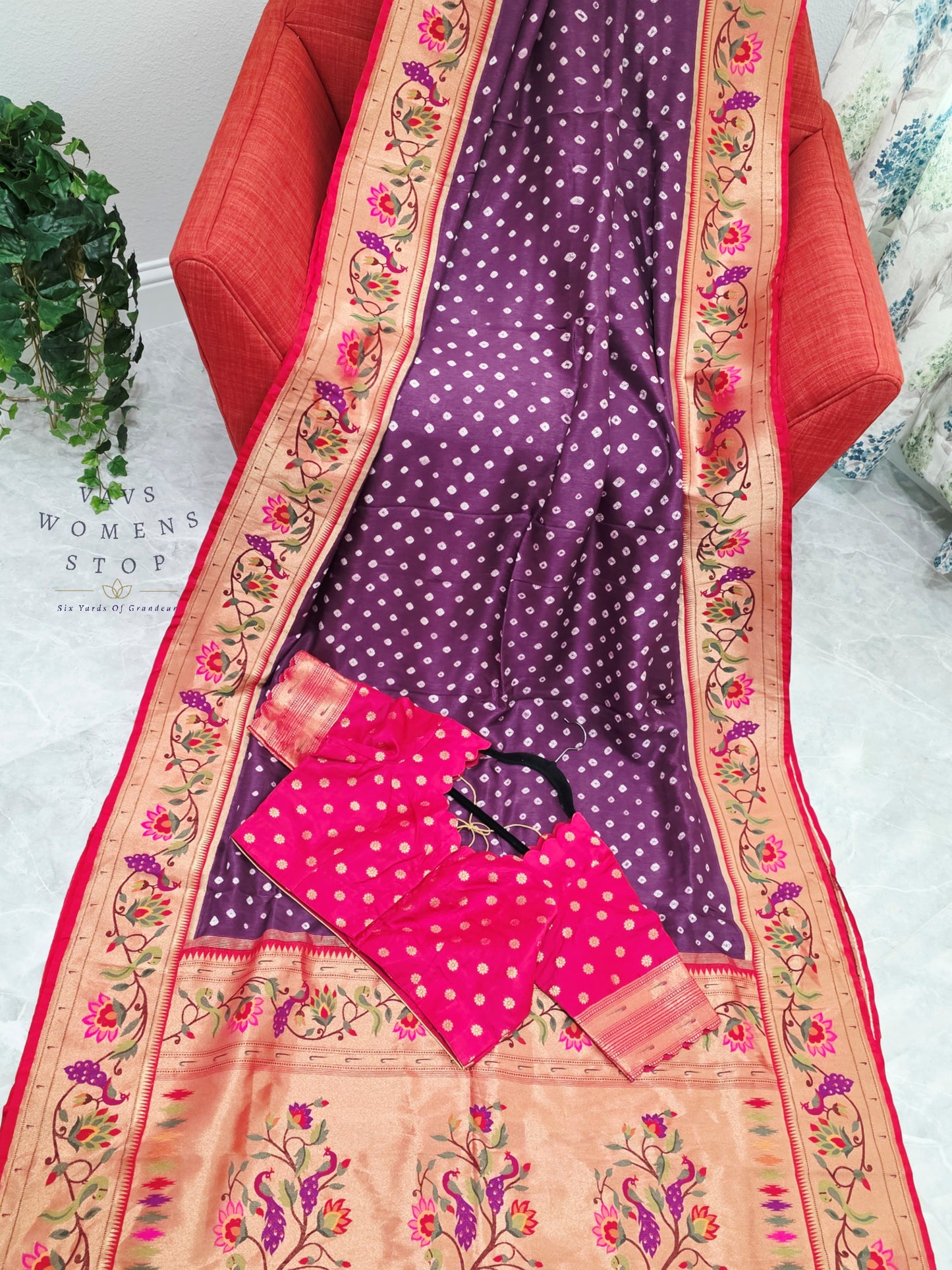 Royal Orchid Purple Munga Silk Bandhani Saree with Paithani Pallu & Designer Blouse Size 42-48