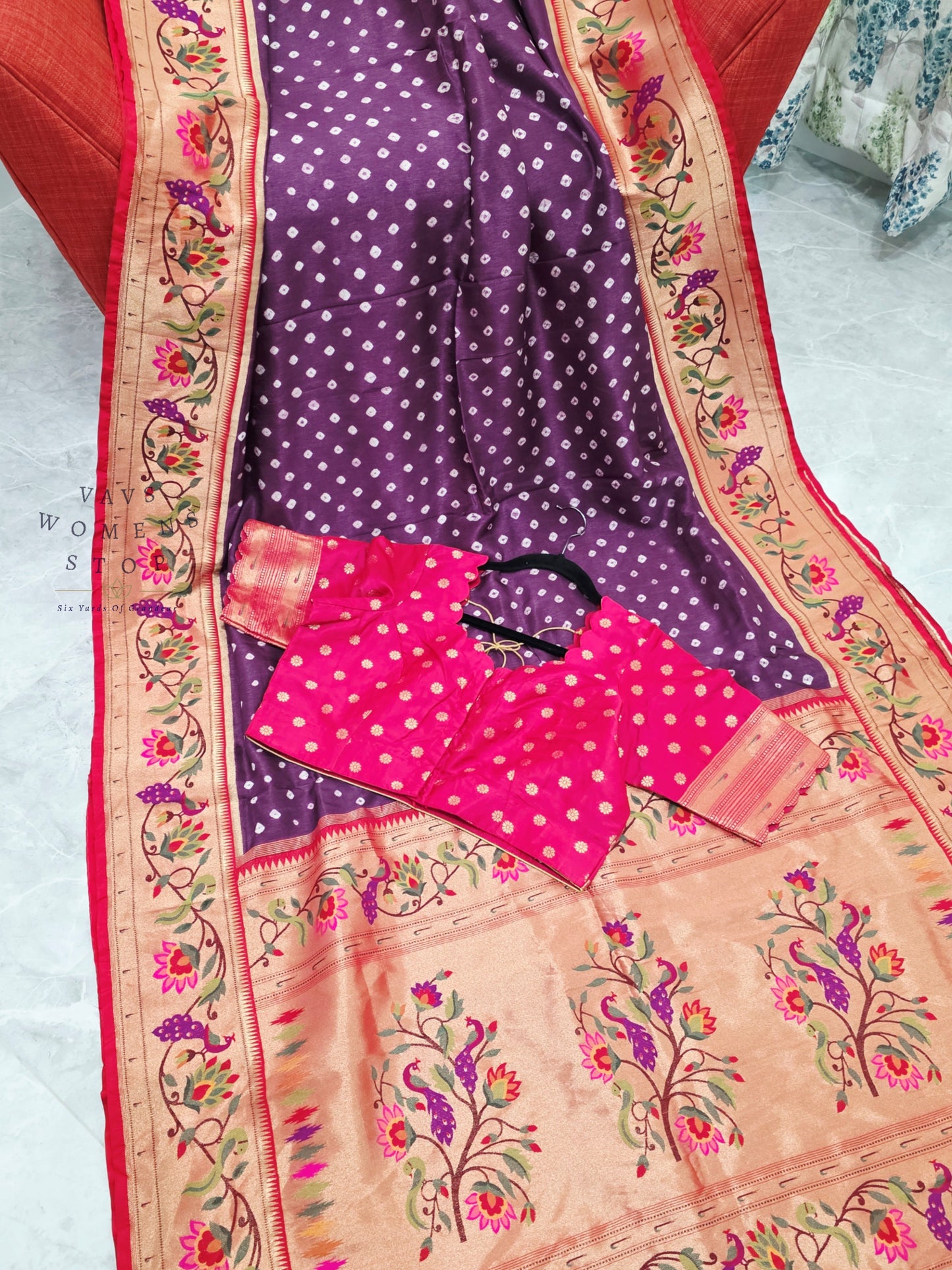 Royal Orchid Purple Munga Silk Bandhani Saree with Paithani Pallu & Designer Blouse Size 42-48