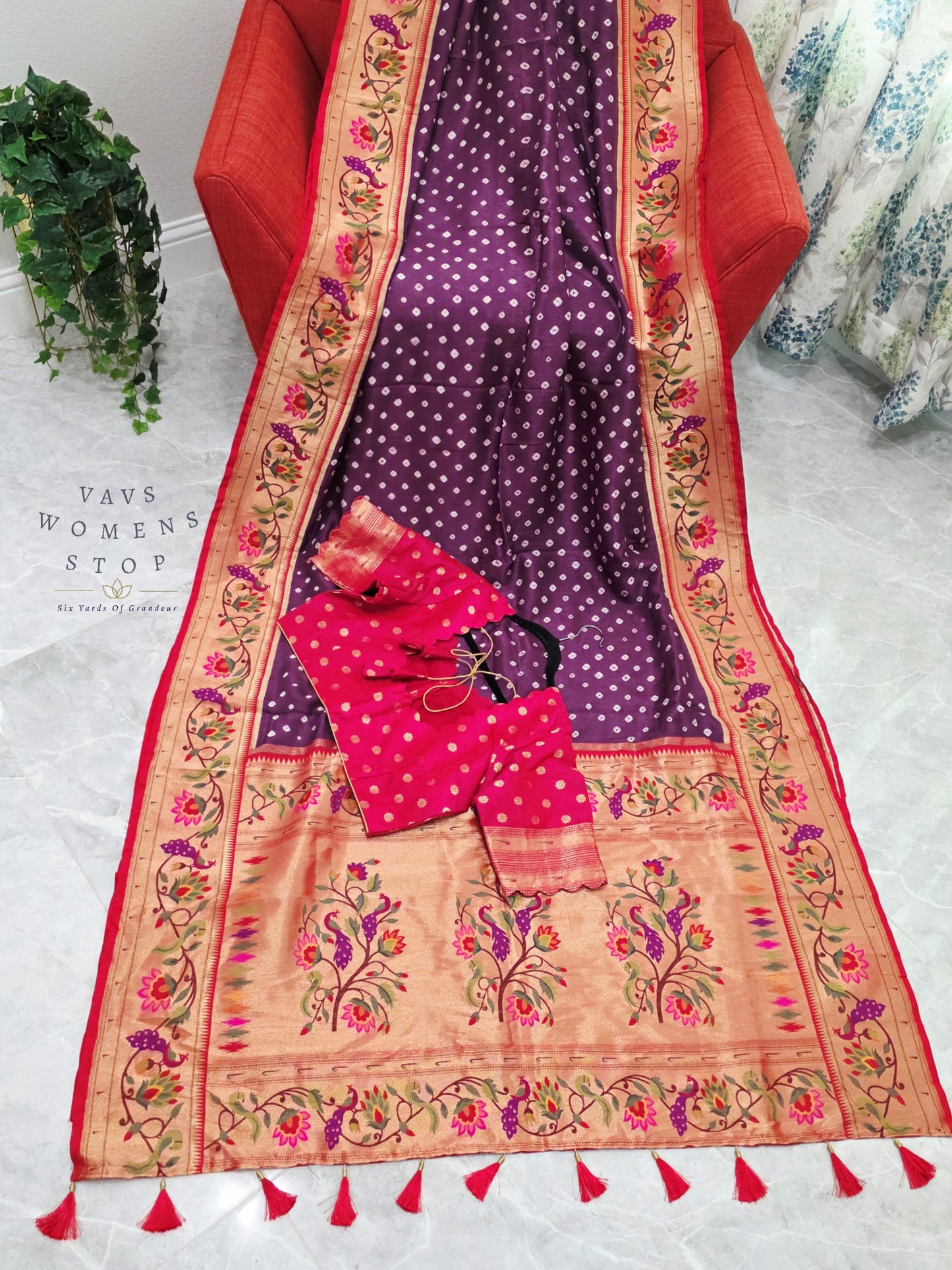 Royal Orchid Purple Munga Silk Bandhani Saree with Paithani Pallu & Designer Blouse Size 42-48