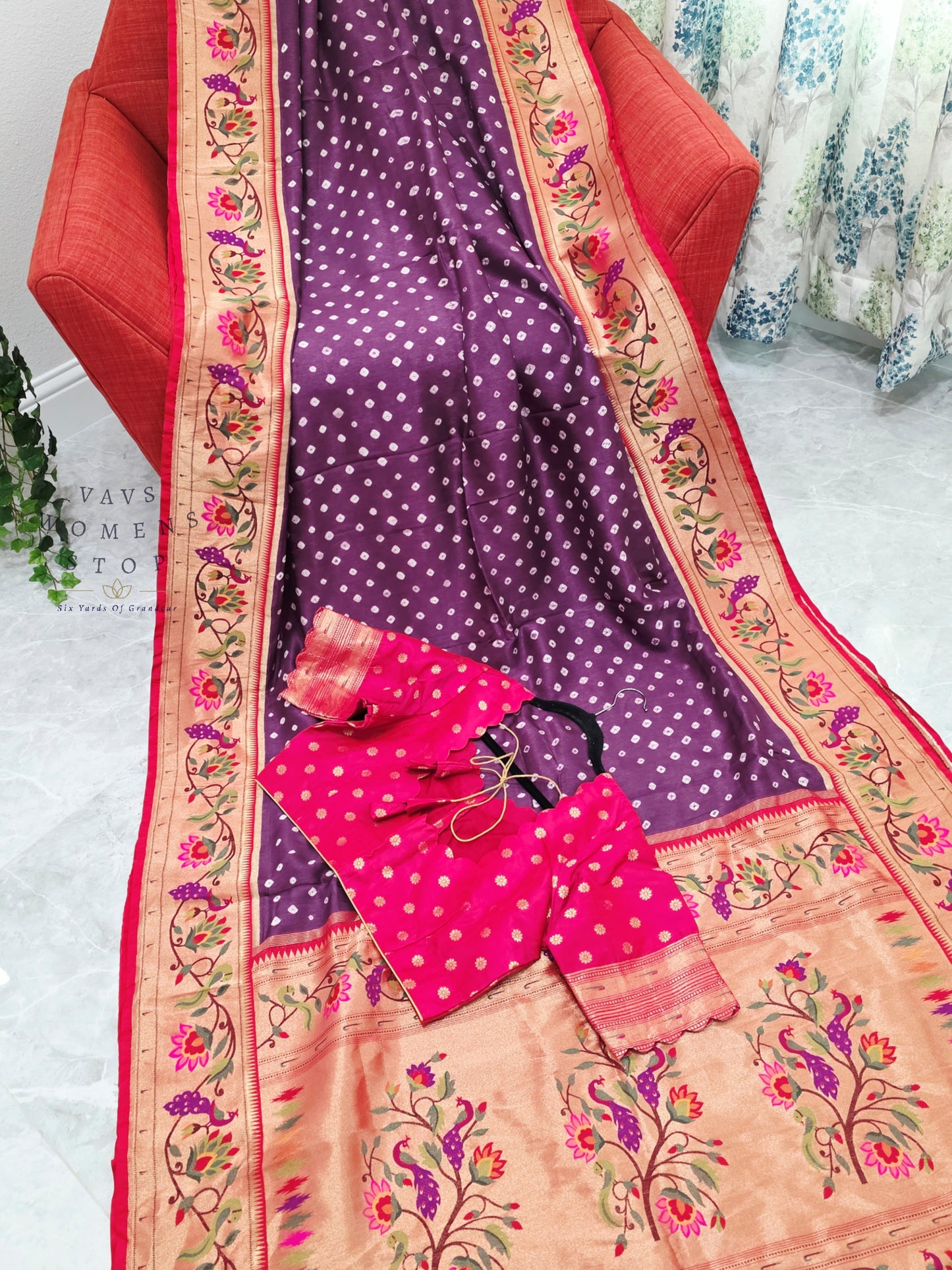 Royal Orchid Purple Munga Silk Bandhani Saree with Paithani Pallu & Designer Blouse Size 42-48