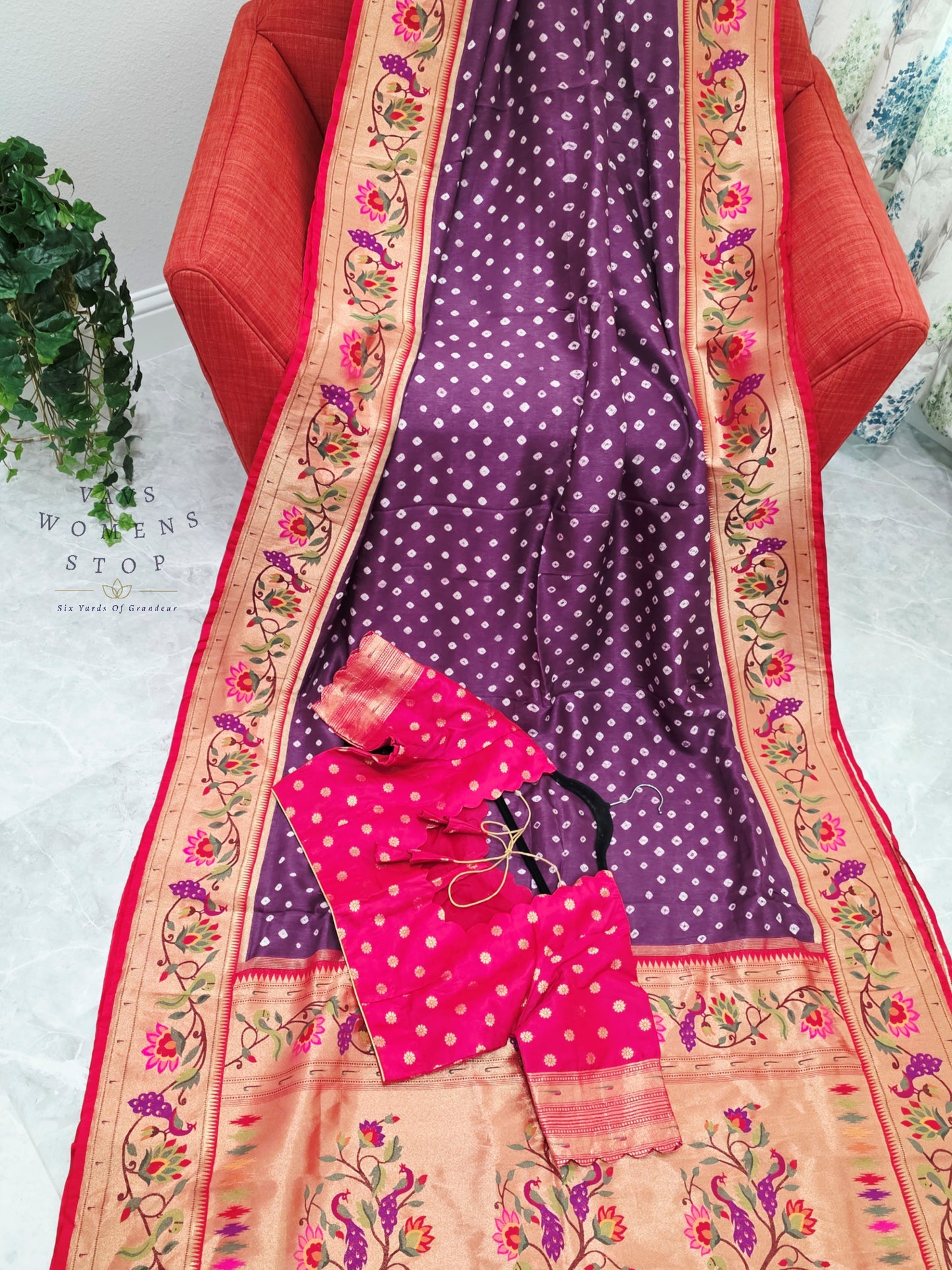 Royal Orchid Purple Munga Silk Bandhani Saree with Paithani Pallu & Designer Blouse Size 42-48