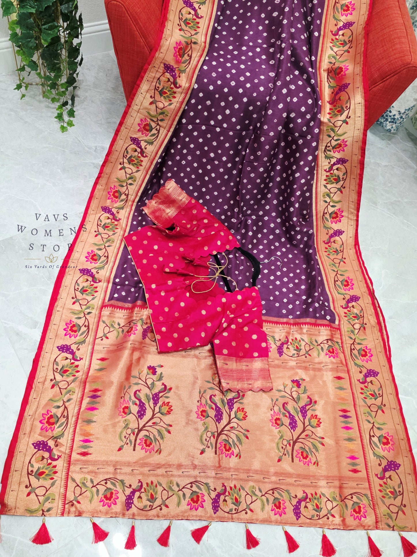 Royal Orchid Purple Munga Silk Bandhani Saree with Paithani Pallu & Designer Blouse Size 42-48
