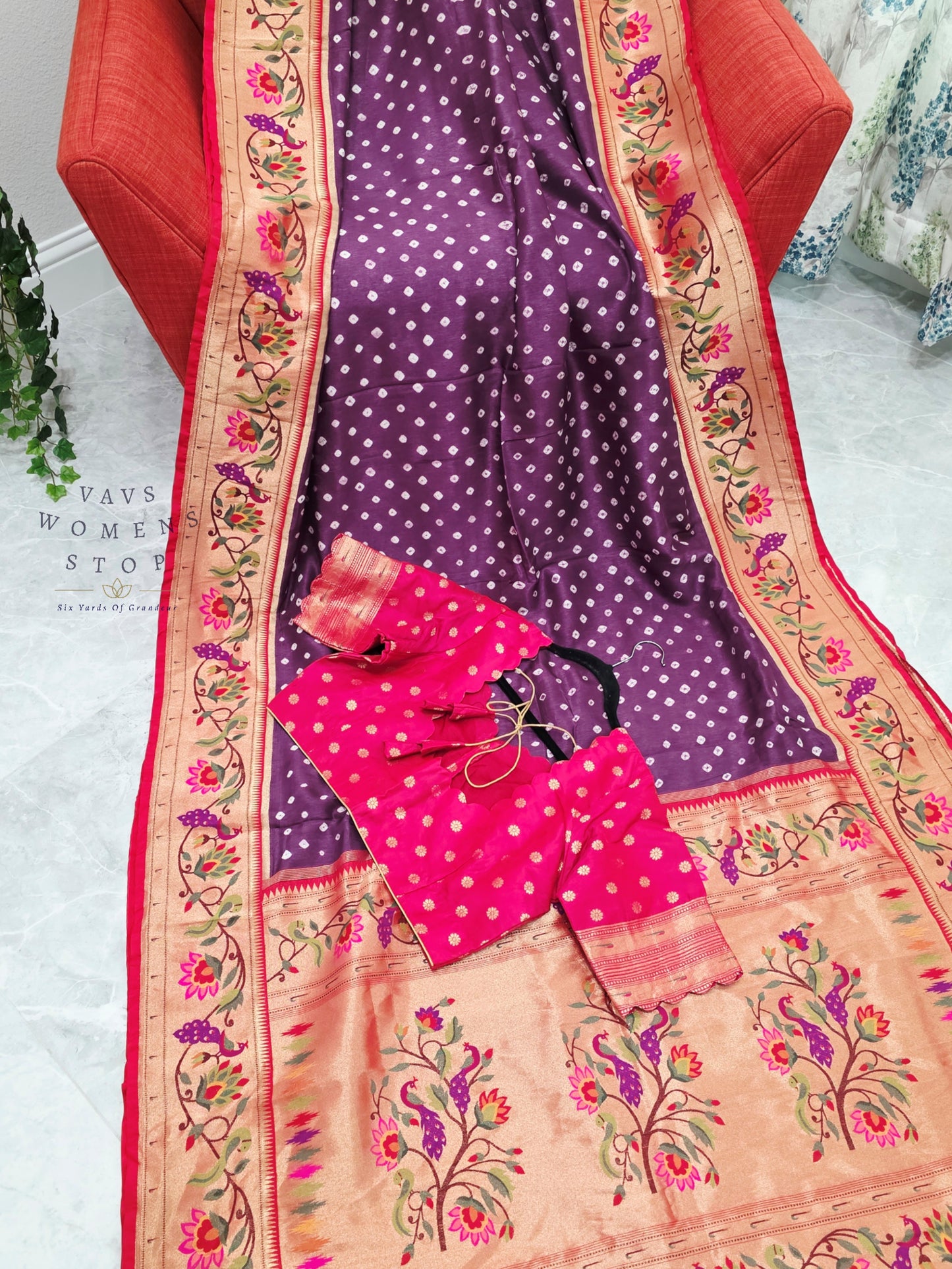 Royal Orchid Purple Munga Silk Bandhani Saree with Paithani Pallu & Designer Blouse Size 42-48
