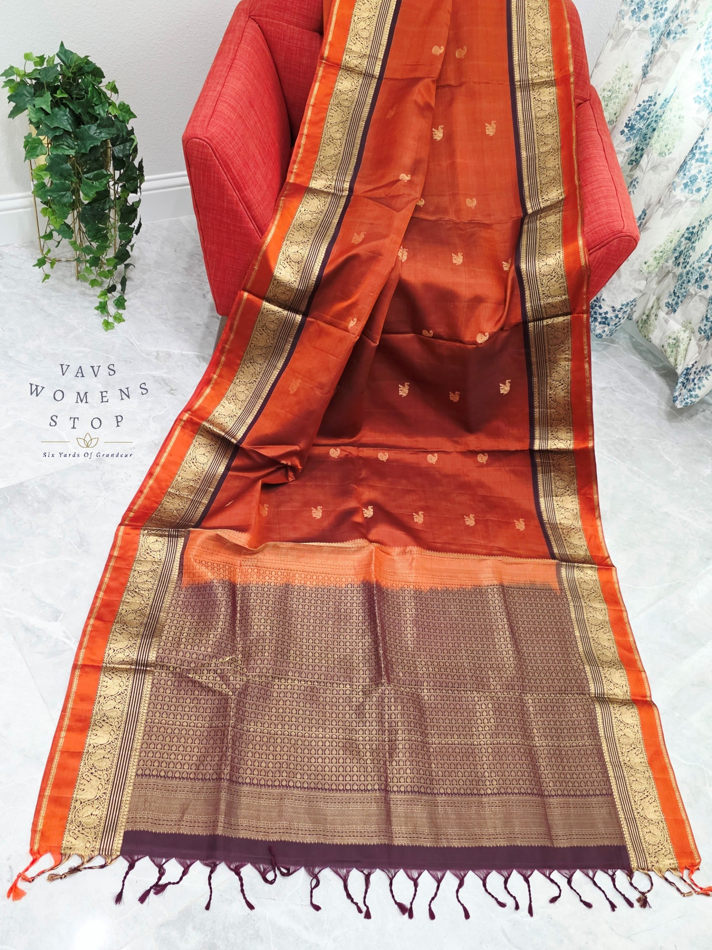 Royal Burnt Rust Orange Pure Kanchi Soft Silk Saree with Maggam Blouse