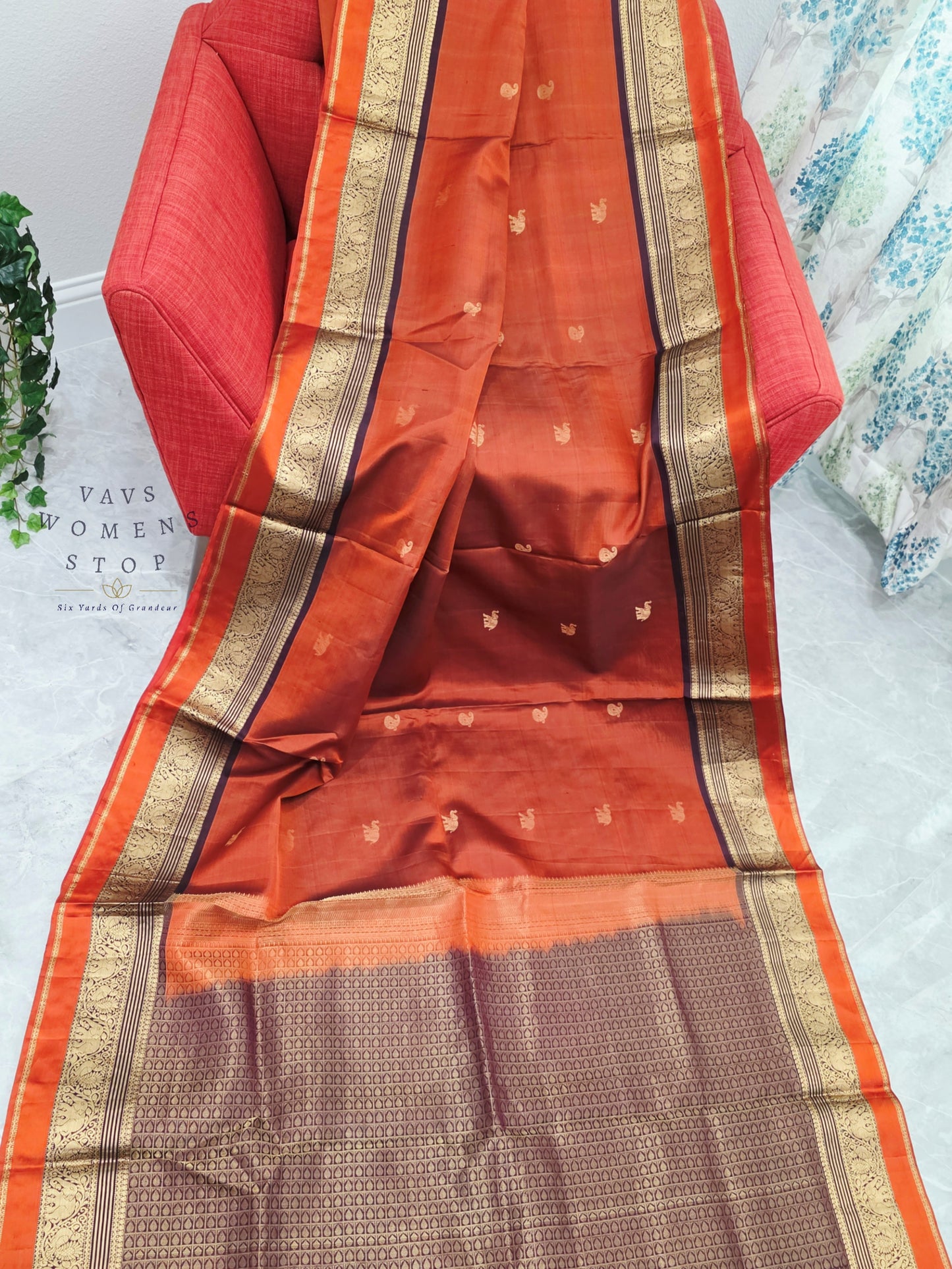 Royal Burnt Rust Orange Pure Kanchi Soft Silk Saree with Maggam Blouse