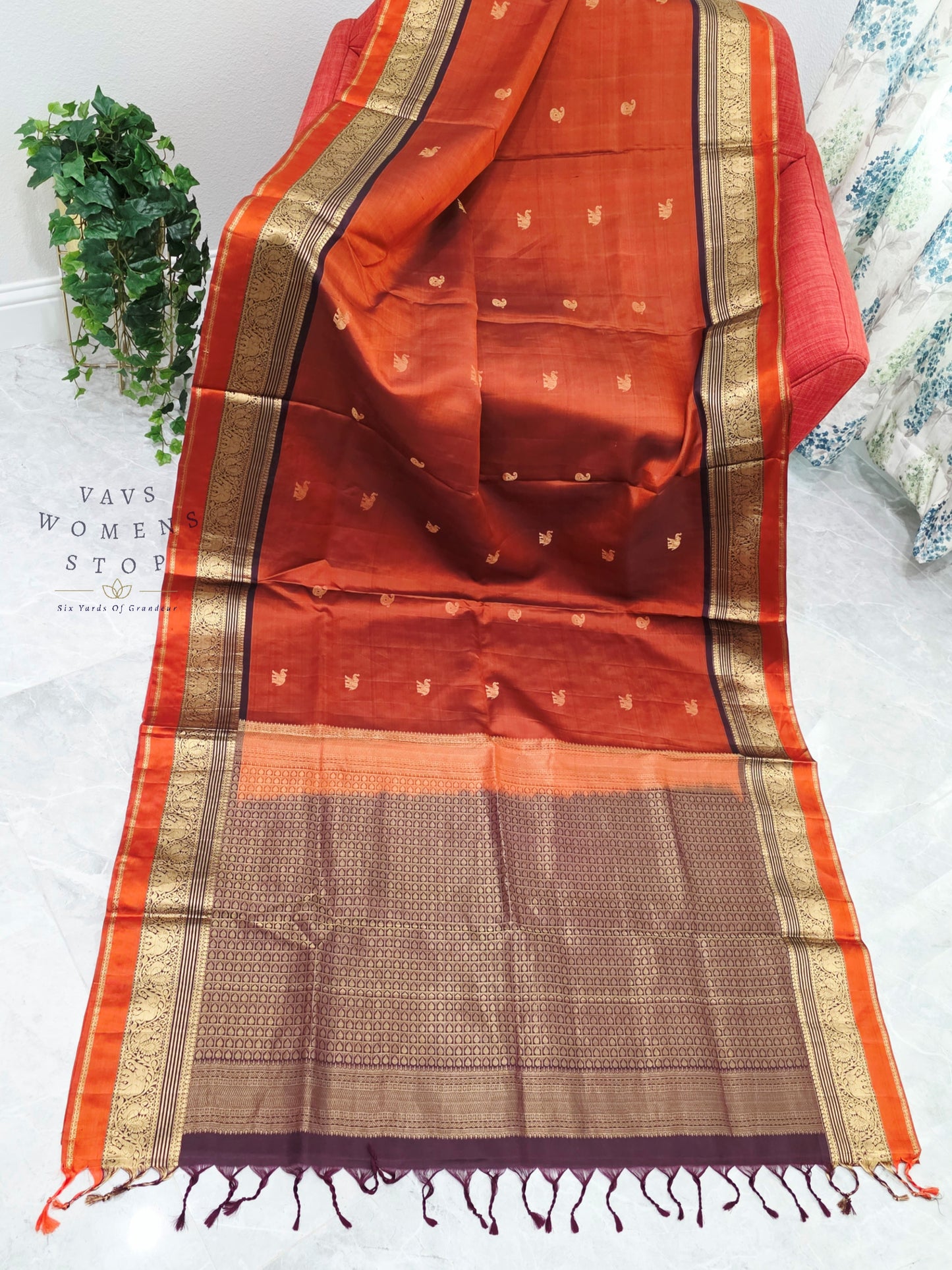 Royal Burnt Rust Orange Pure Kanchi Soft Silk Saree with Maggam Blouse