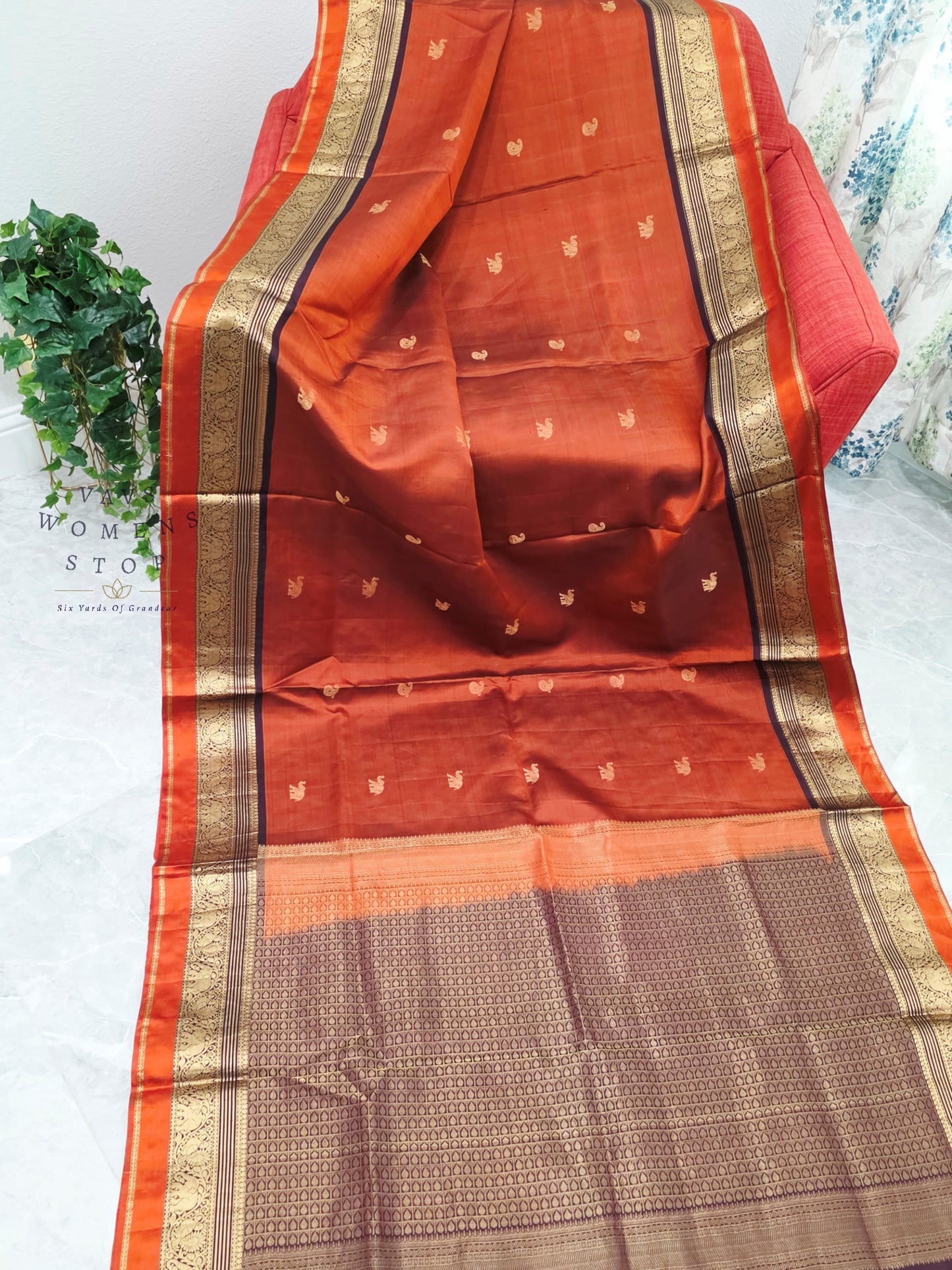 Royal Burnt Rust Orange Pure Kanchi Soft Silk Saree with Maggam Blouse