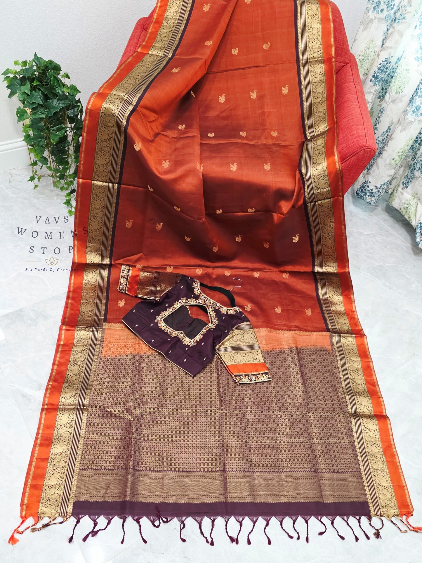 Royal Burnt Rust Orange Pure Kanchi Soft Silk Saree with Maggam Blouse