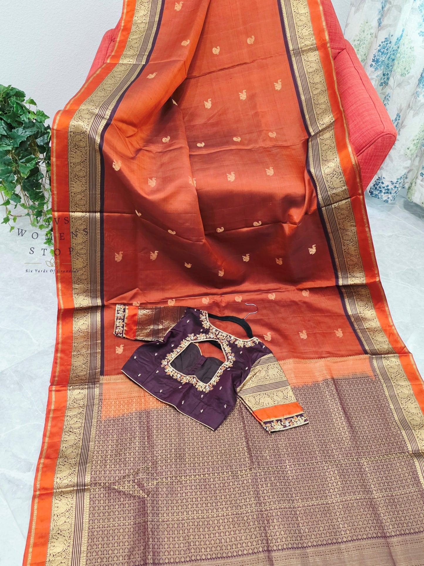 Royal Burnt Rust Orange Pure Kanchi Soft Silk Saree with Maggam Blouse
