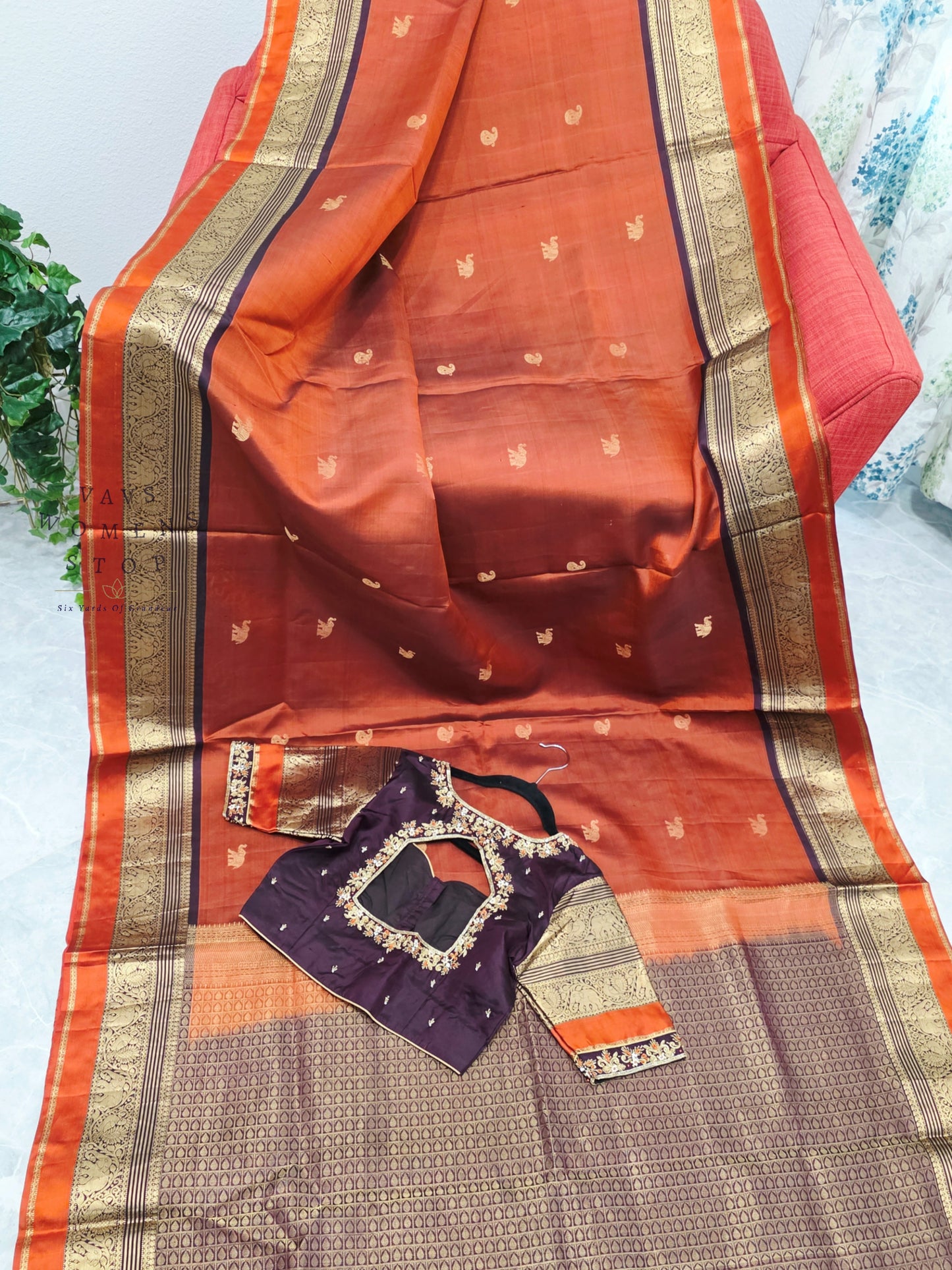 Royal Burnt Rust Orange Pure Kanchi Soft Silk Saree with Maggam Blouse