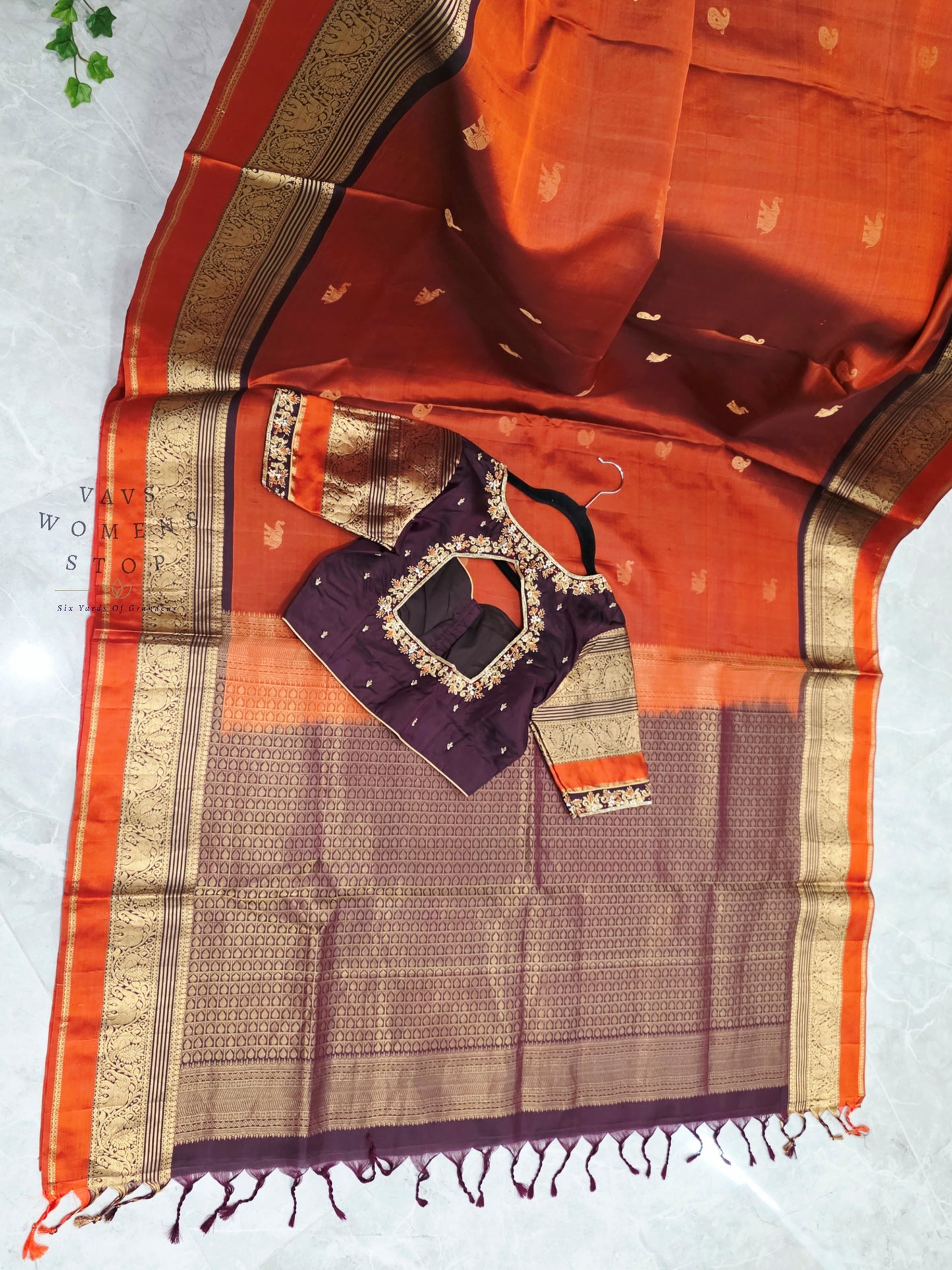 Royal Burnt Rust Orange Pure Kanchi Soft Silk Saree with Maggam Blouse