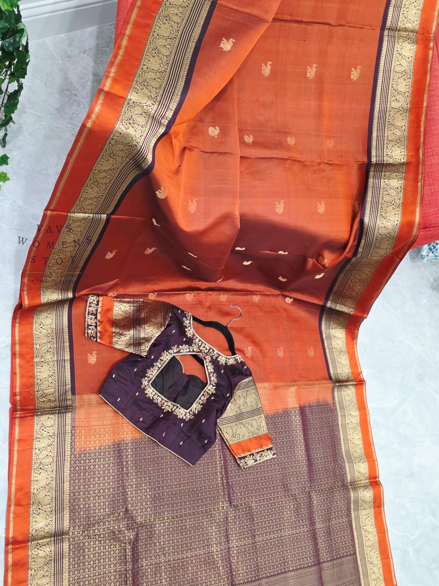 Royal Burnt Rust Orange Pure Kanchi Soft Silk Saree with Maggam Blouse