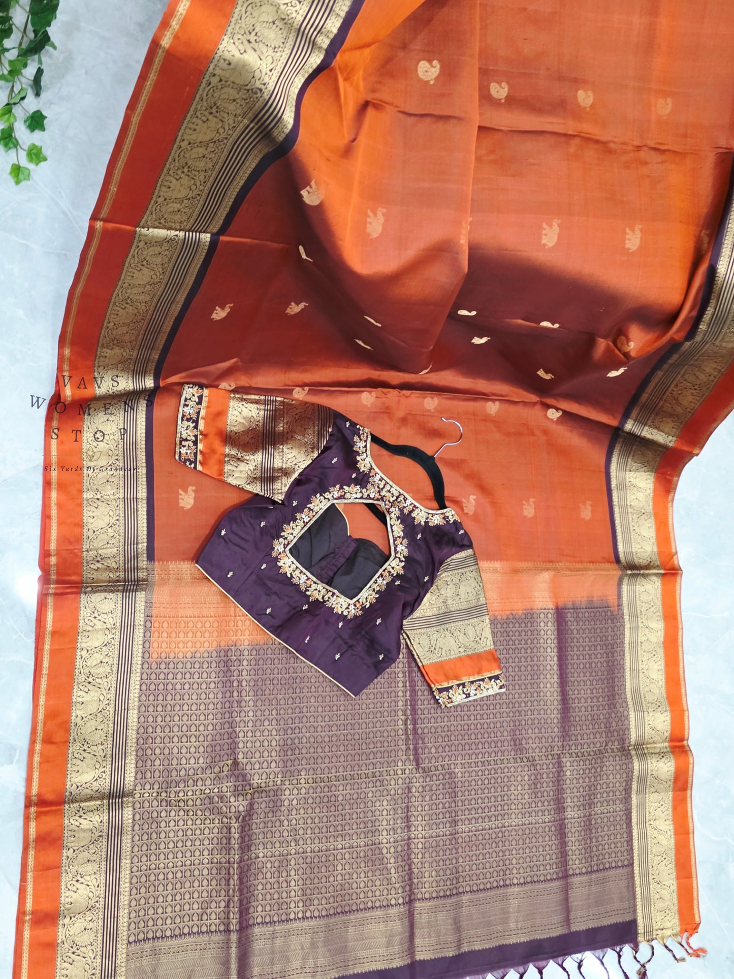 Royal Burnt Rust Orange Pure Kanchi Soft Silk Saree with Maggam Blouse
