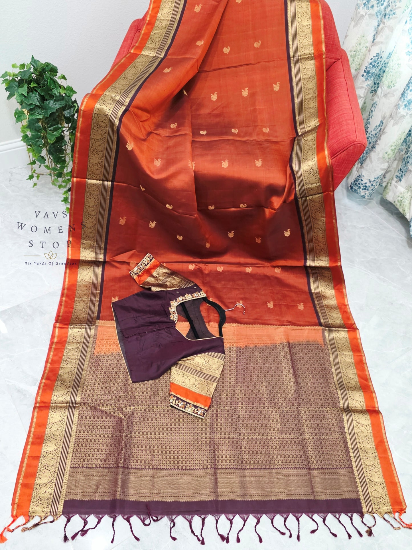 Royal Burnt Rust Orange Pure Kanchi Soft Silk Saree with Maggam Blouse