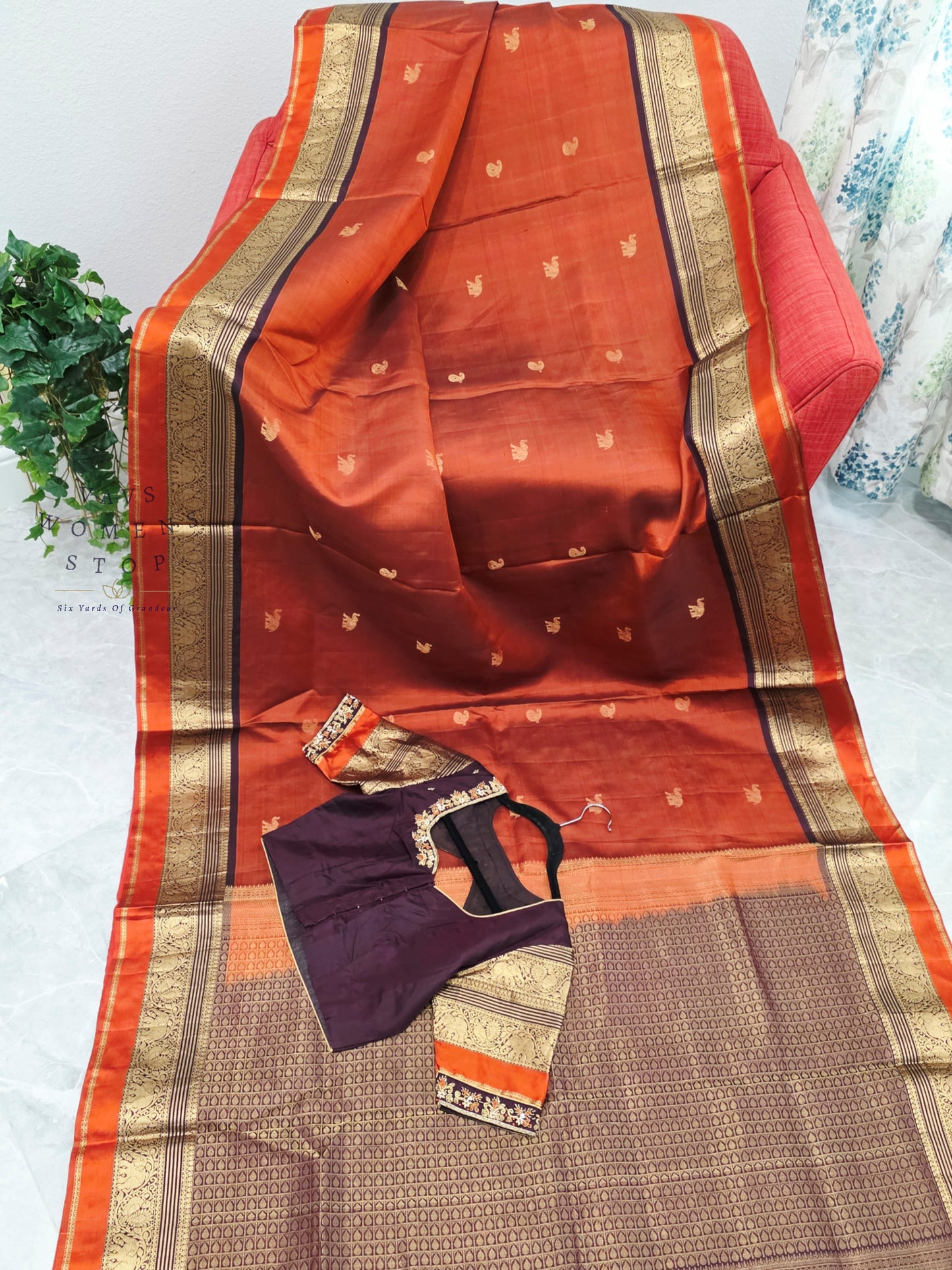 Royal Burnt Rust Orange Pure Kanchi Soft Silk Saree with Maggam Blouse