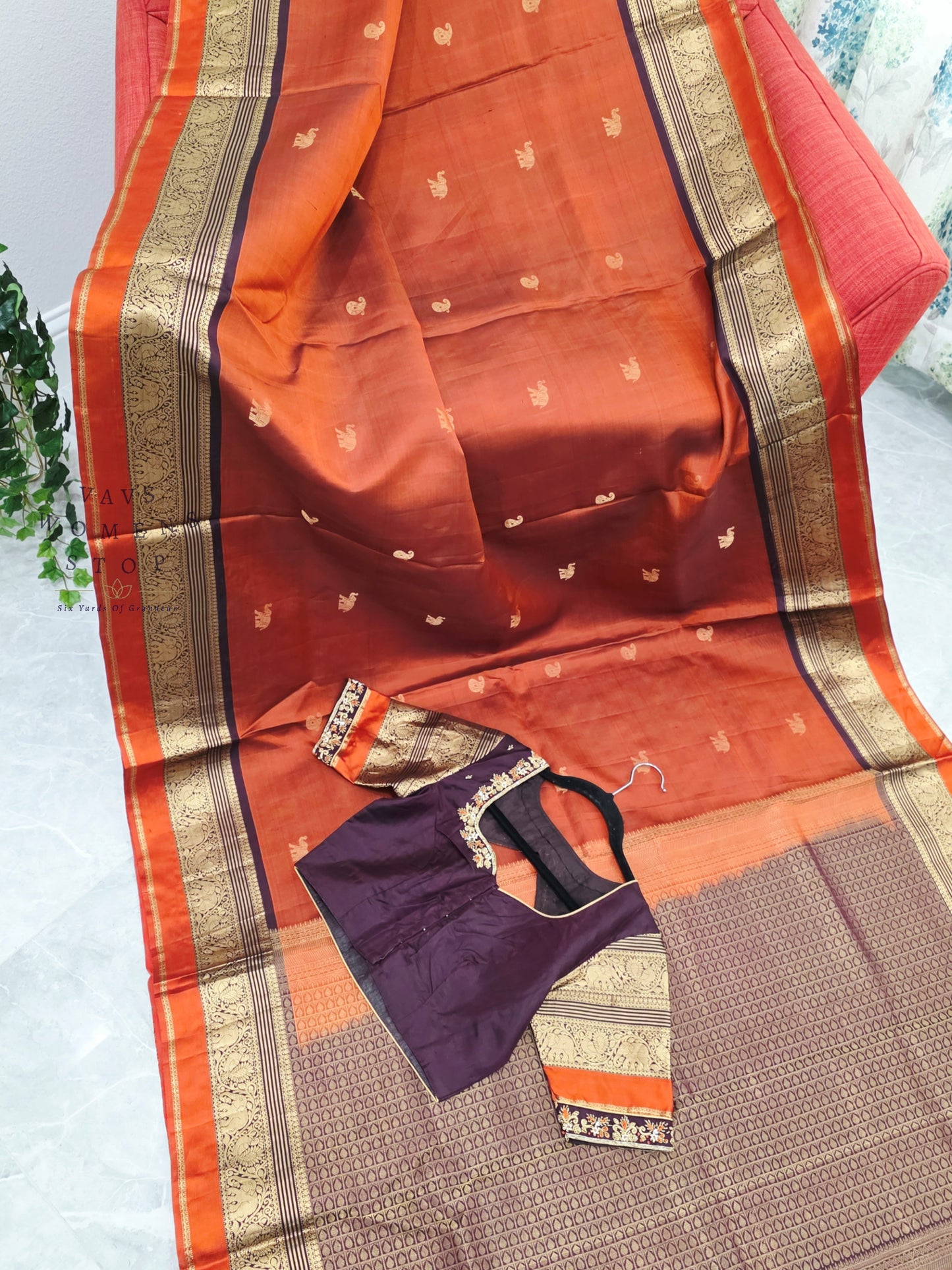 Royal Burnt Rust Orange Pure Kanchi Soft Silk Saree with Maggam Blouse