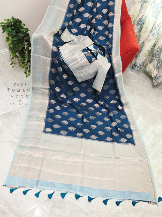 Royal Sapphire Blue Mango Benarasi Silk Saree with Silver Zari Border & Stitched Blouse Size 38-44
