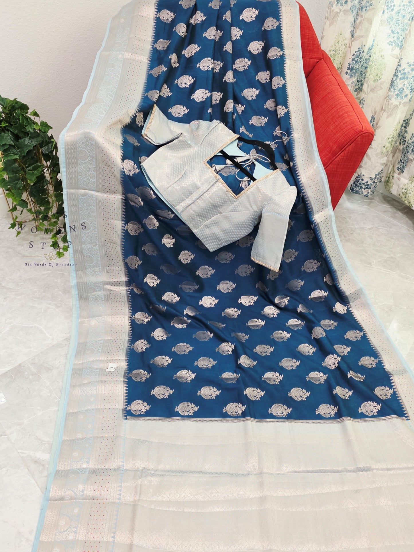 Royal Sapphire Blue Mango Benarasi Silk Saree with Silver Zari Border & Stitched Blouse Size 38-44
