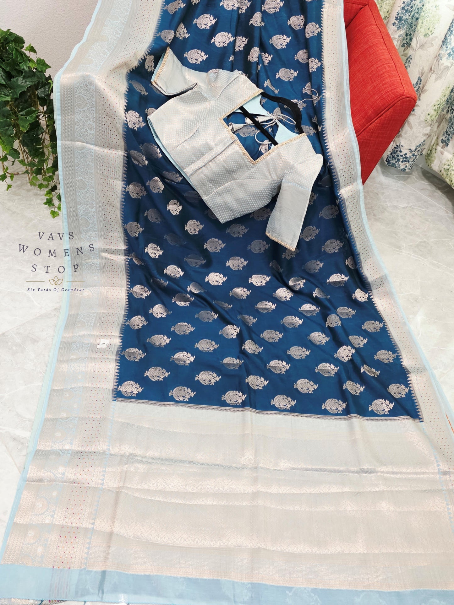 Royal Sapphire Blue Mango Benarasi Silk Saree with Silver Zari Border & Stitched Blouse Size 38-44
