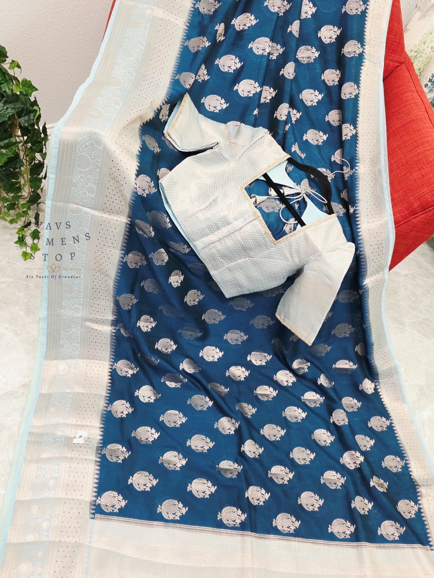 Royal Sapphire Blue Mango Benarasi Silk Saree with Silver Zari Border & Stitched Blouse Size 38-44