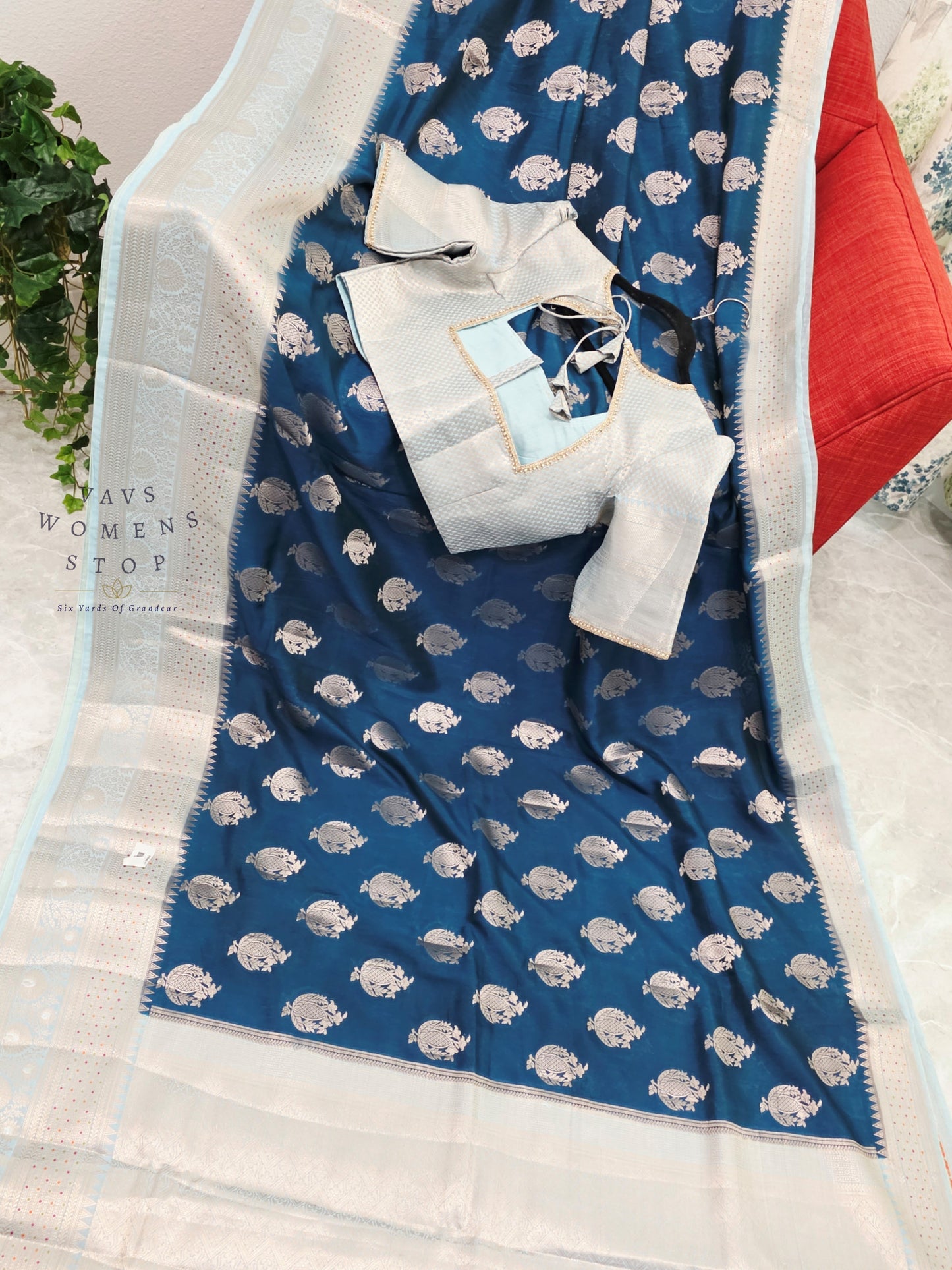 Royal Sapphire Blue Mango Benarasi Silk Saree with Silver Zari Border & Stitched Blouse Size 38-44