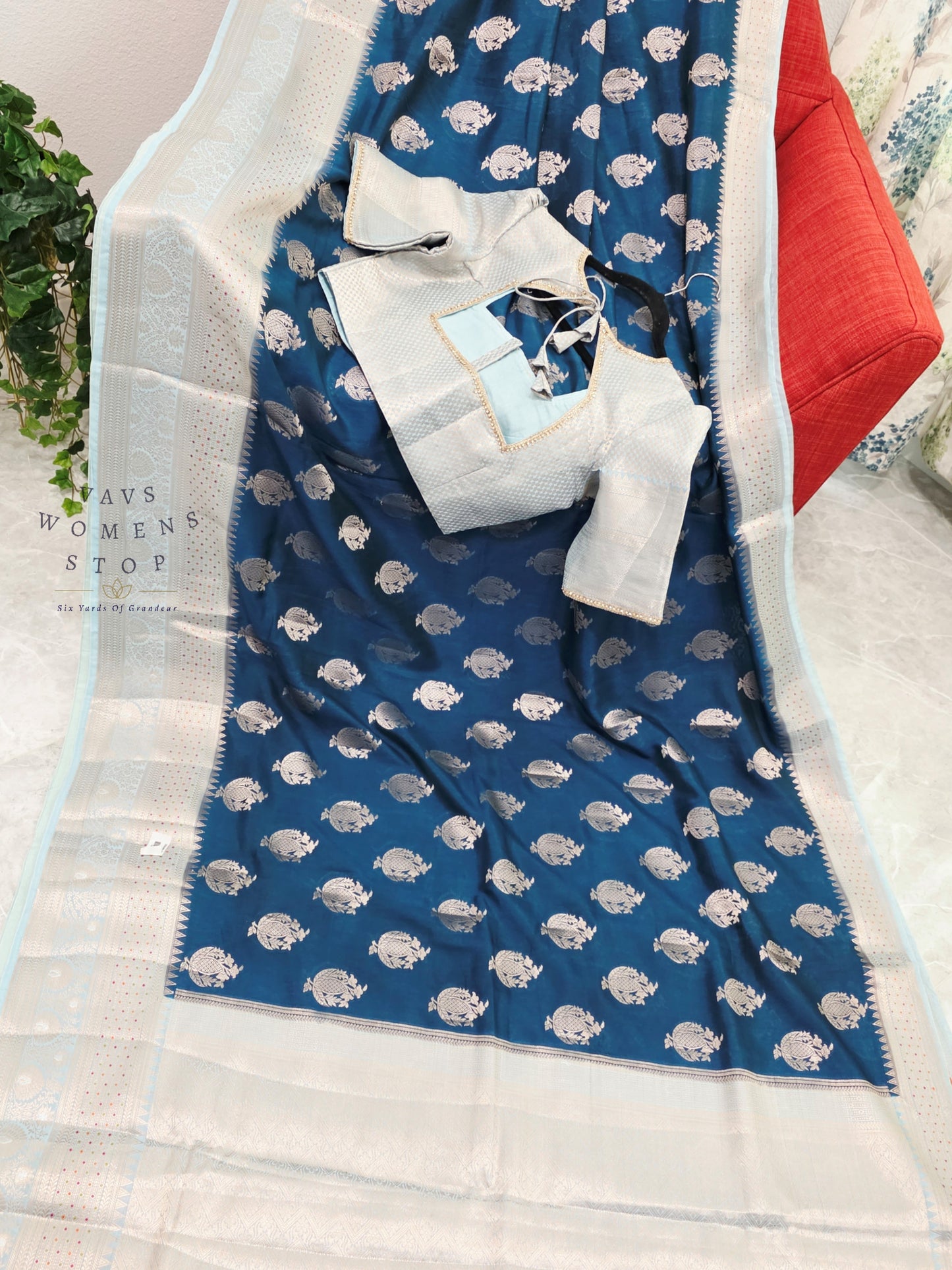 Royal Sapphire Blue Mango Benarasi Silk Saree with Silver Zari Border & Stitched Blouse Size 38-44