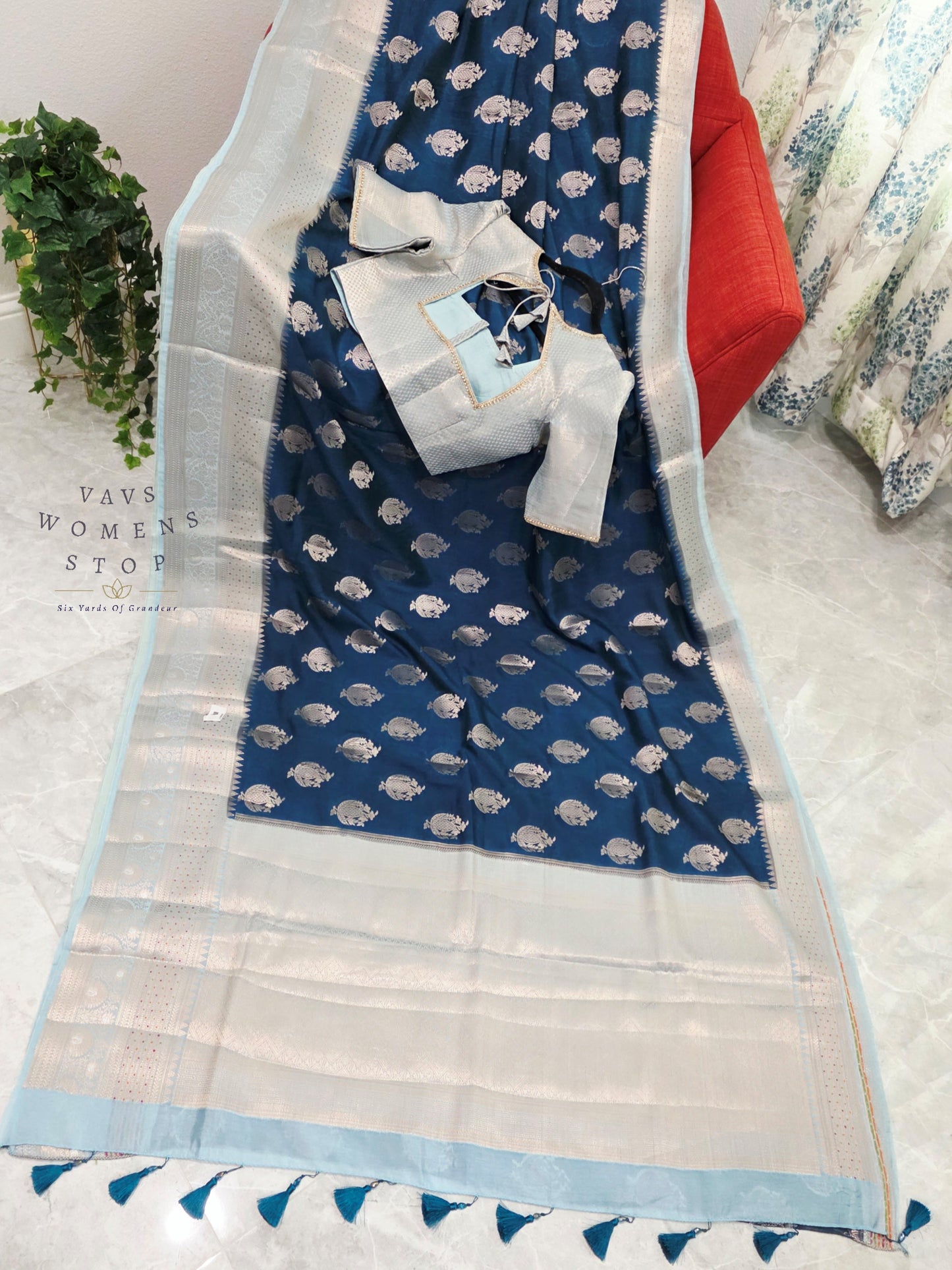 Royal Sapphire Blue Mango Benarasi Silk Saree with Silver Zari Border & Stitched Blouse Size 38-44