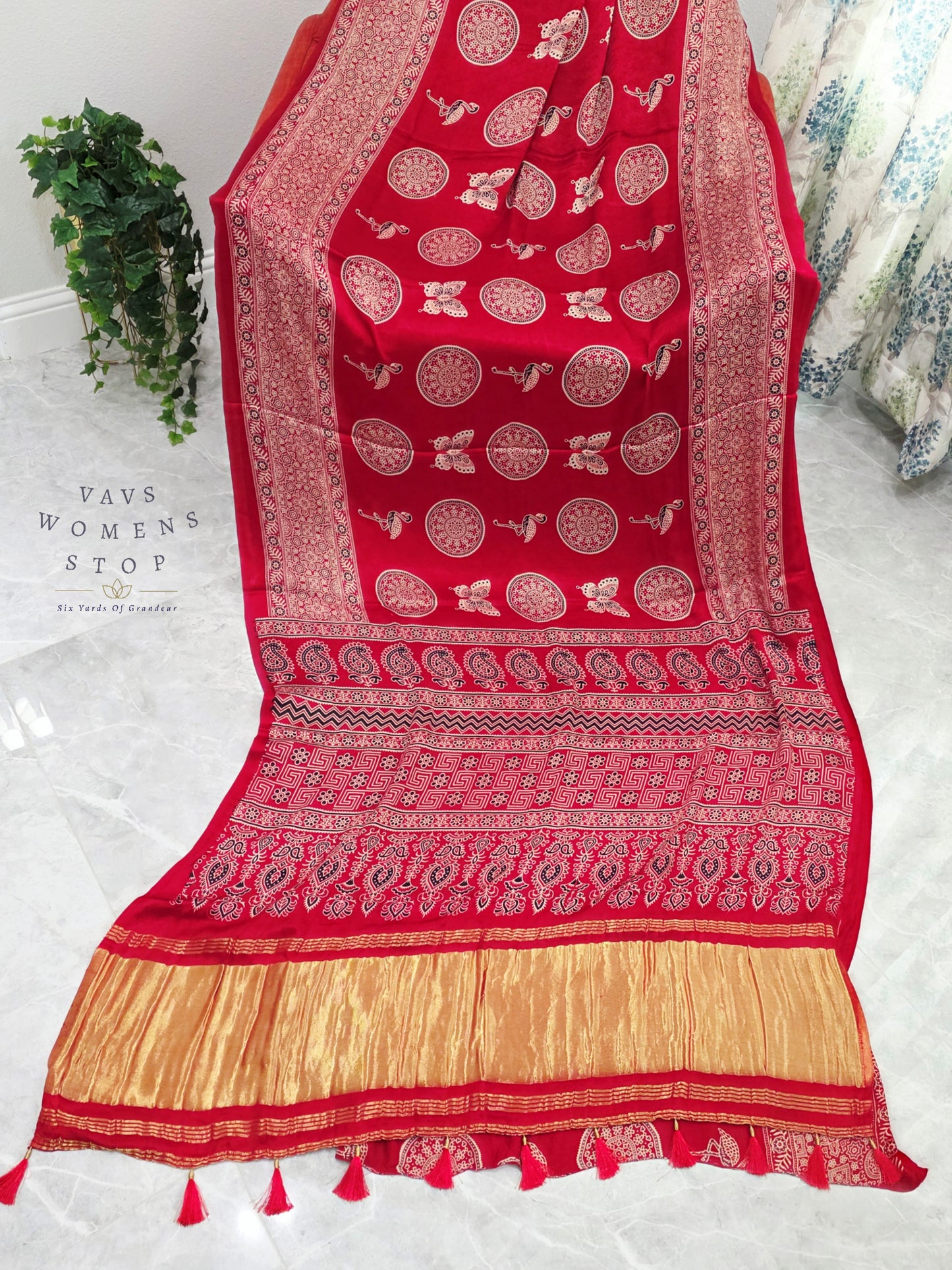 Vintage Ajrakh Semi Modal Silk Saree with Stitched Blouse Size 38-44