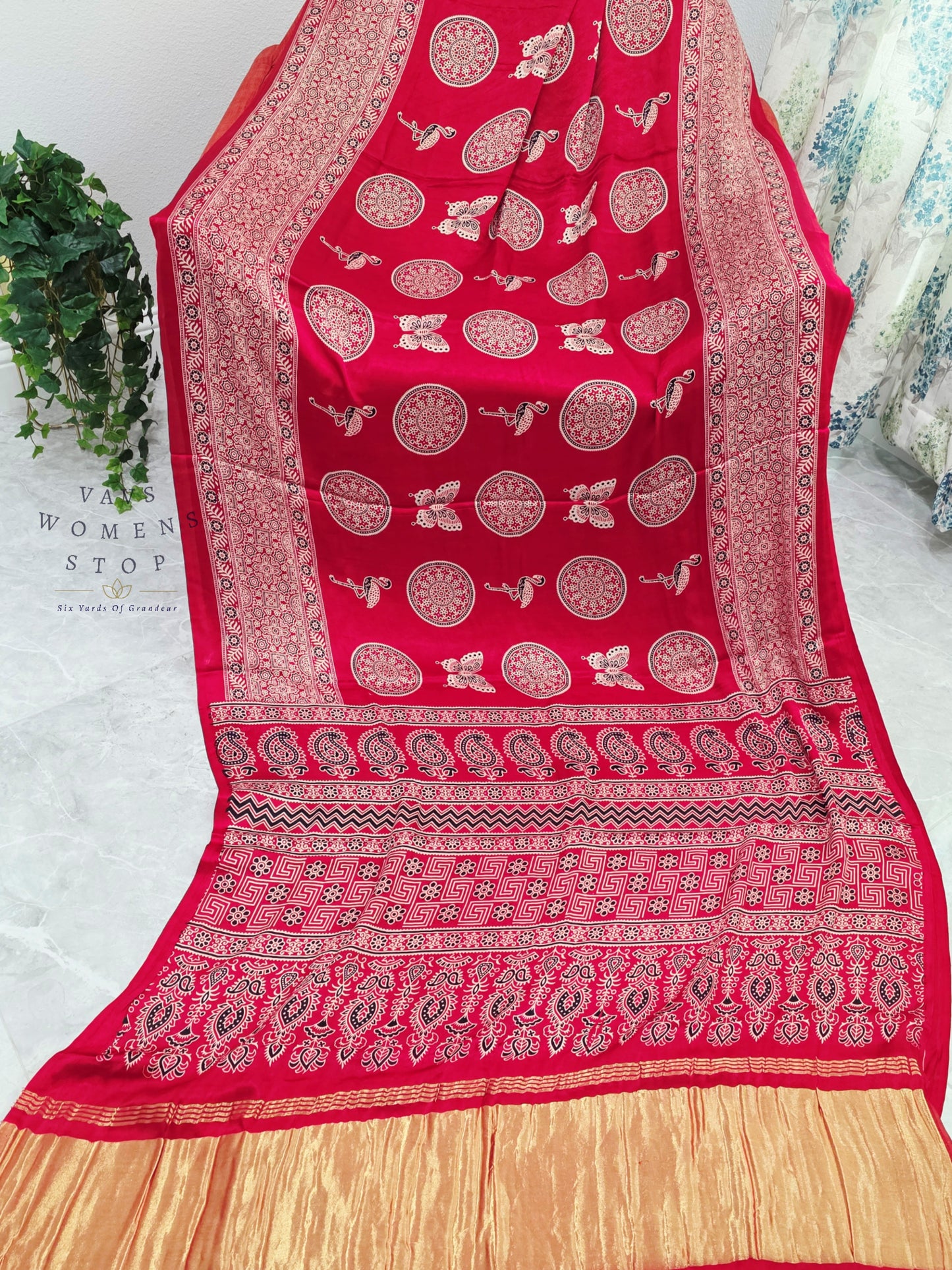 Vintage Ajrakh Semi Modal Silk Saree with Stitched Blouse Size 38-44