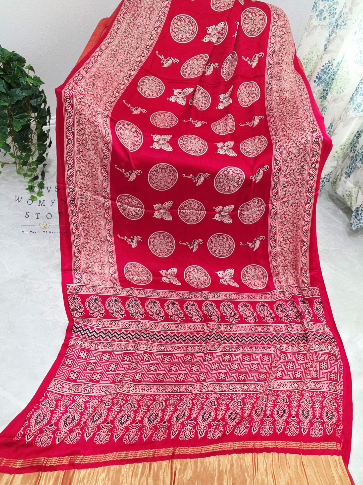 Vintage Ajrakh Semi Modal Silk Saree with Stitched Blouse Size 38-44