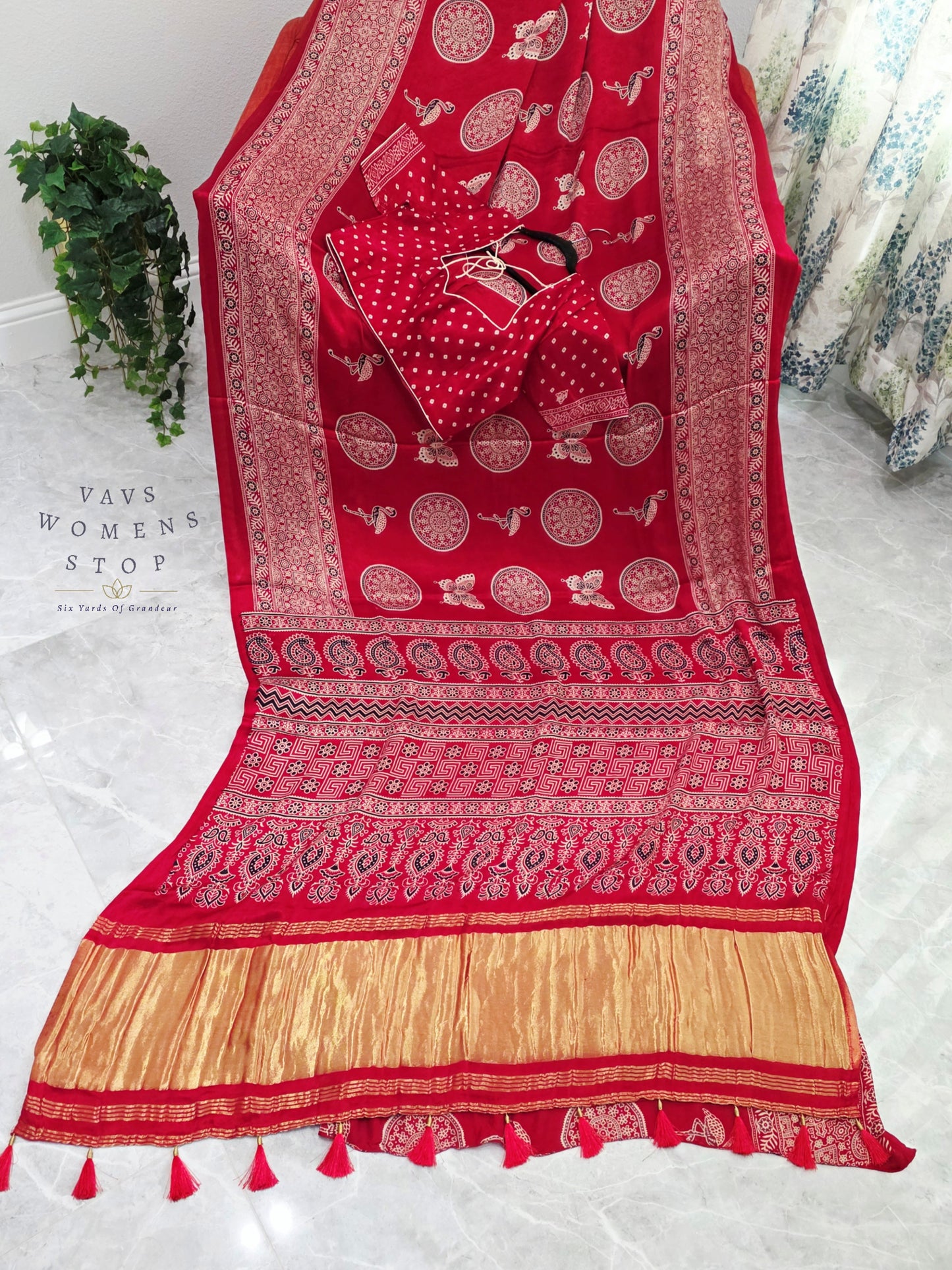 Vintage Ajrakh Semi Modal Silk Saree with Stitched Blouse Size 38-44
