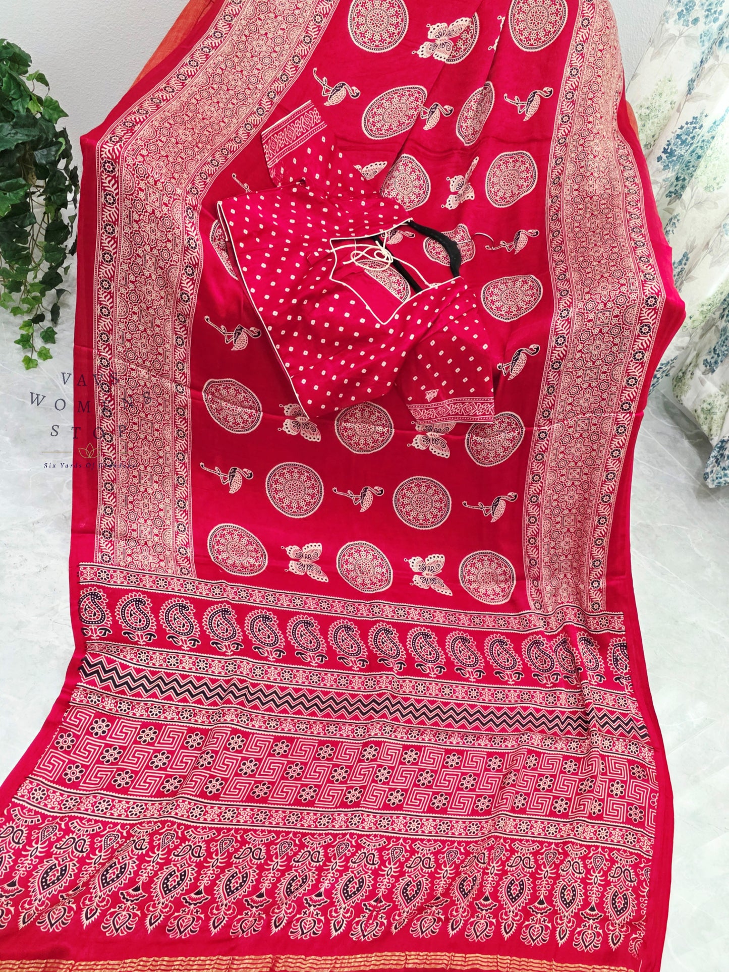 Vintage Ajrakh Semi Modal Silk Saree with Stitched Blouse Size 38-44