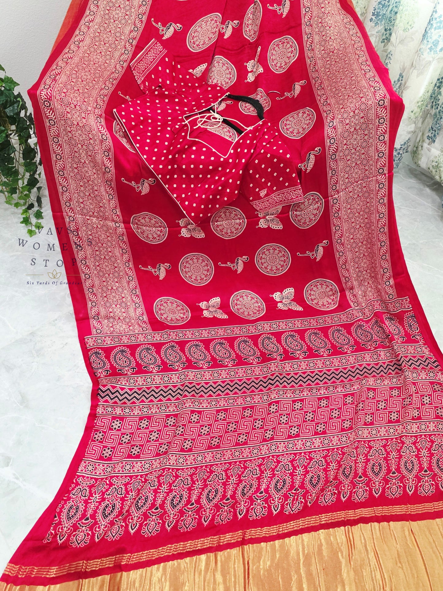 Vintage Ajrakh Semi Modal Silk Saree with Stitched Blouse Size 38-44