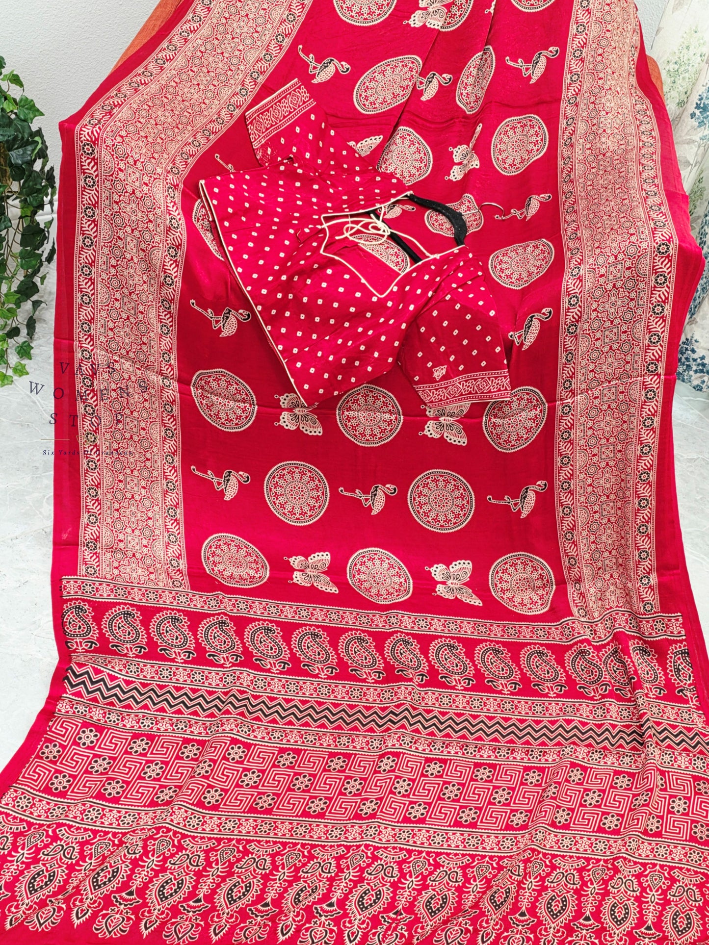 Vintage Ajrakh Semi Modal Silk Saree with Stitched Blouse Size 38-44
