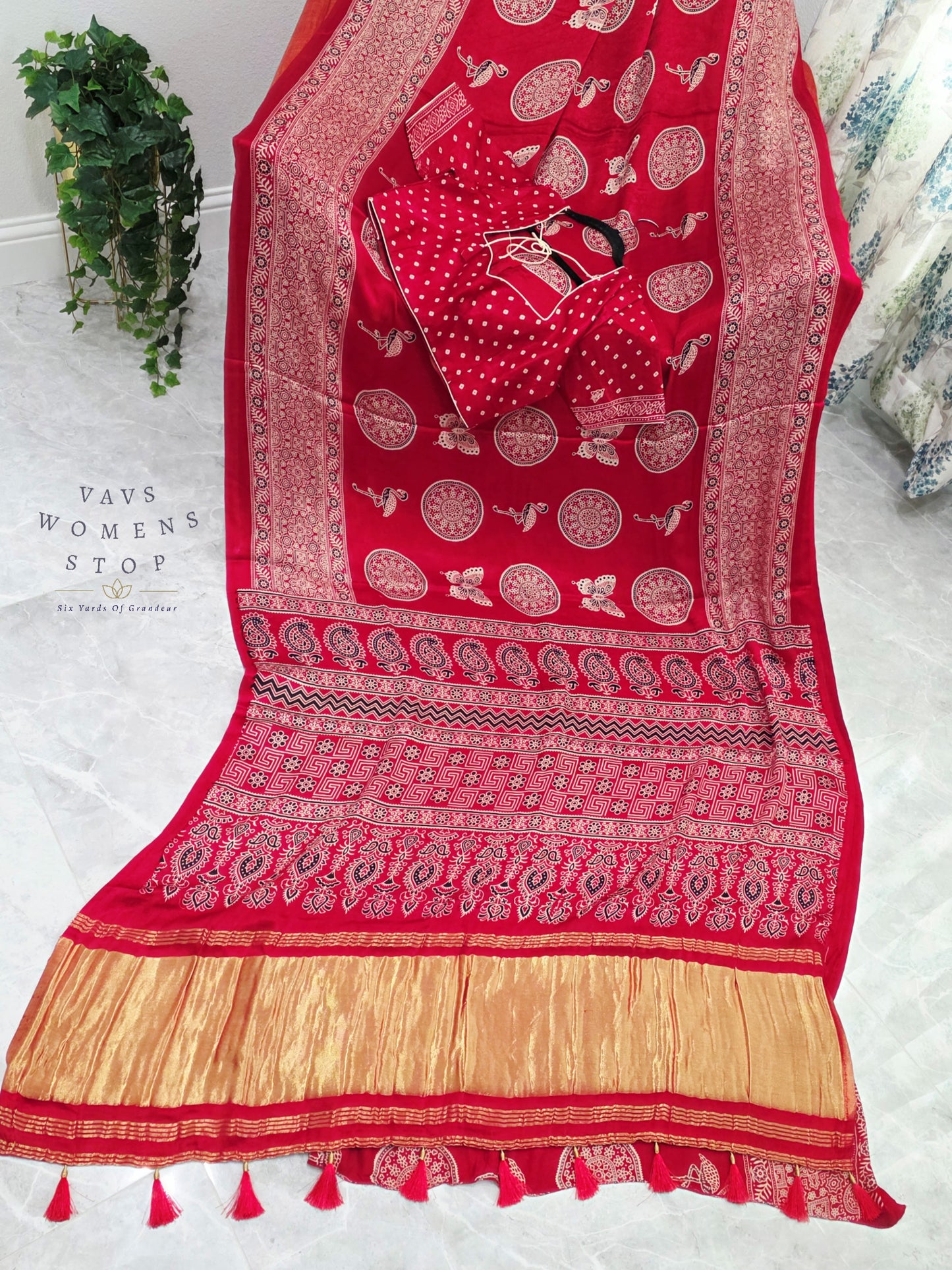 Vintage Ajrakh Semi Modal Silk Saree with Stitched Blouse Size 38-44