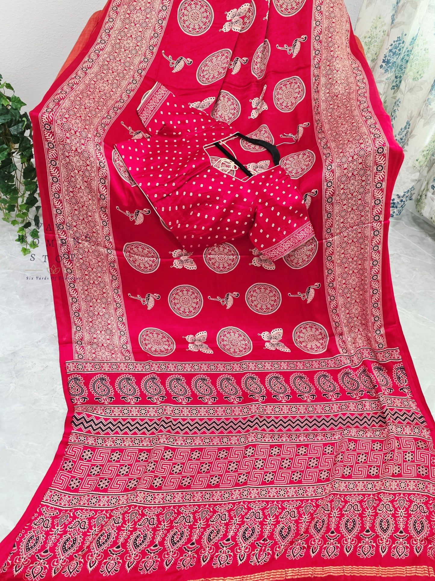 Vintage Ajrakh Semi Modal Silk Saree with Stitched Blouse Size 38-44