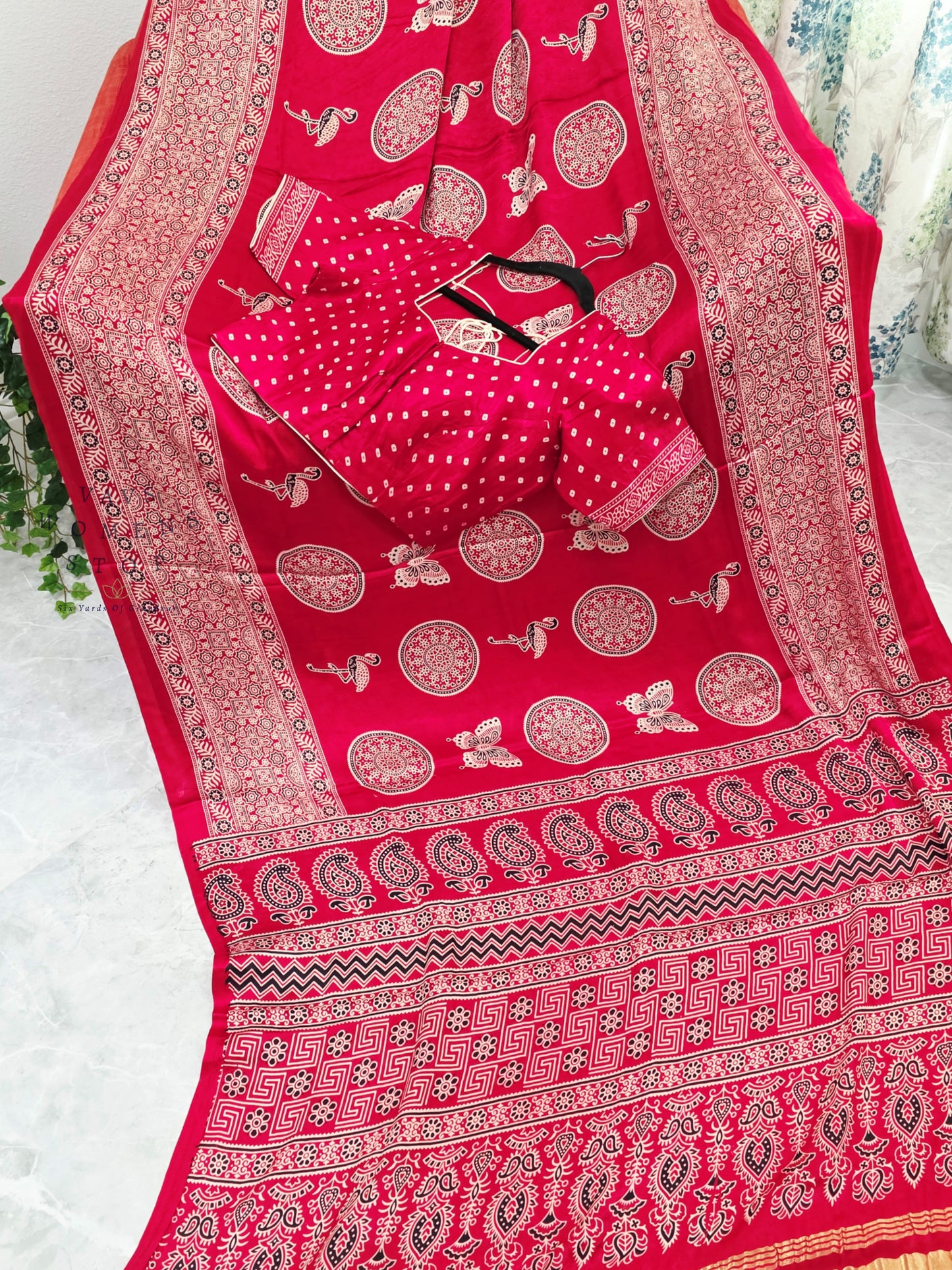 Vintage Ajrakh Semi Modal Silk Saree with Stitched Blouse Size 38-44