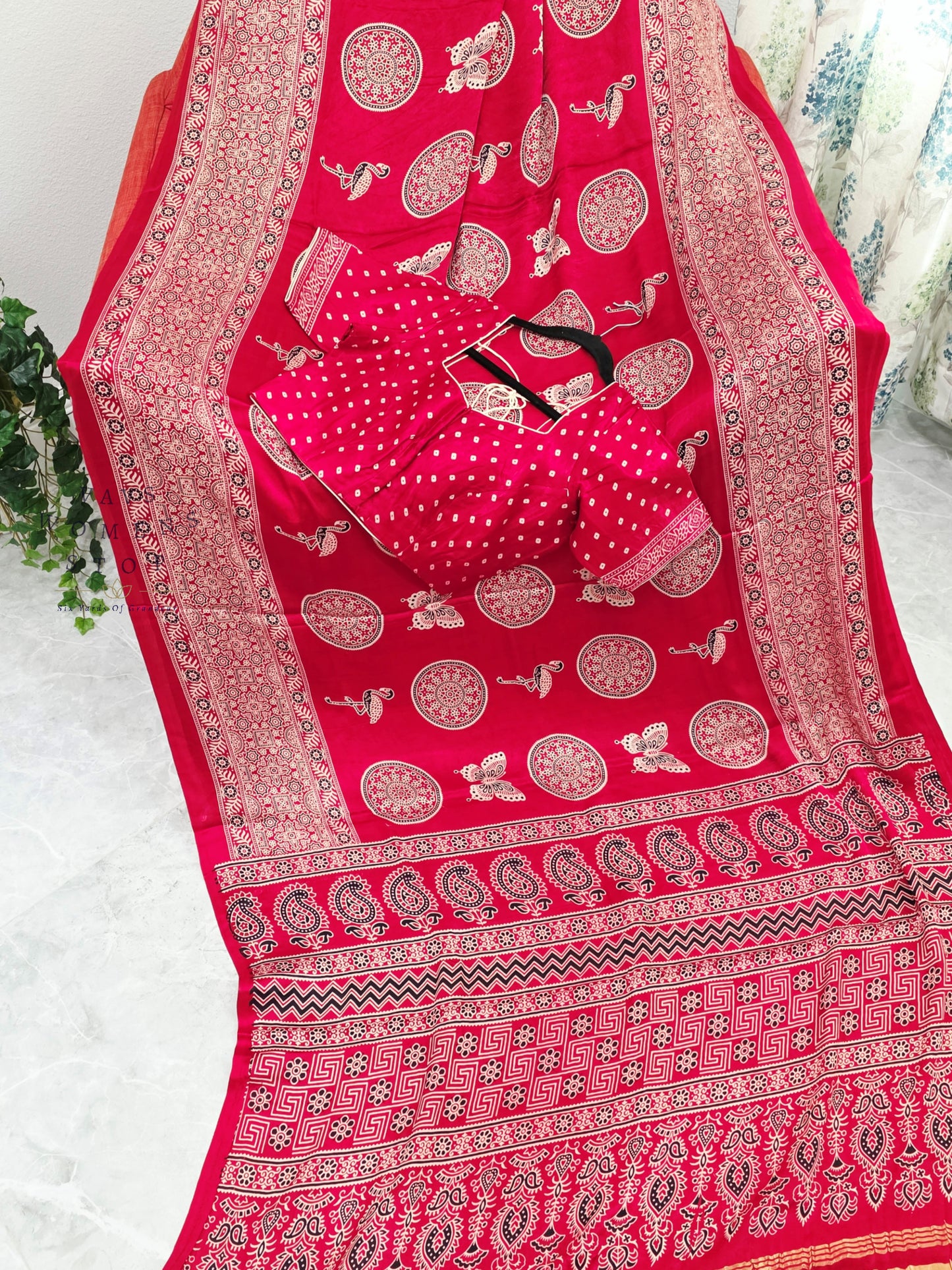 Vintage Ajrakh Semi Modal Silk Saree with Stitched Blouse Size 38-44