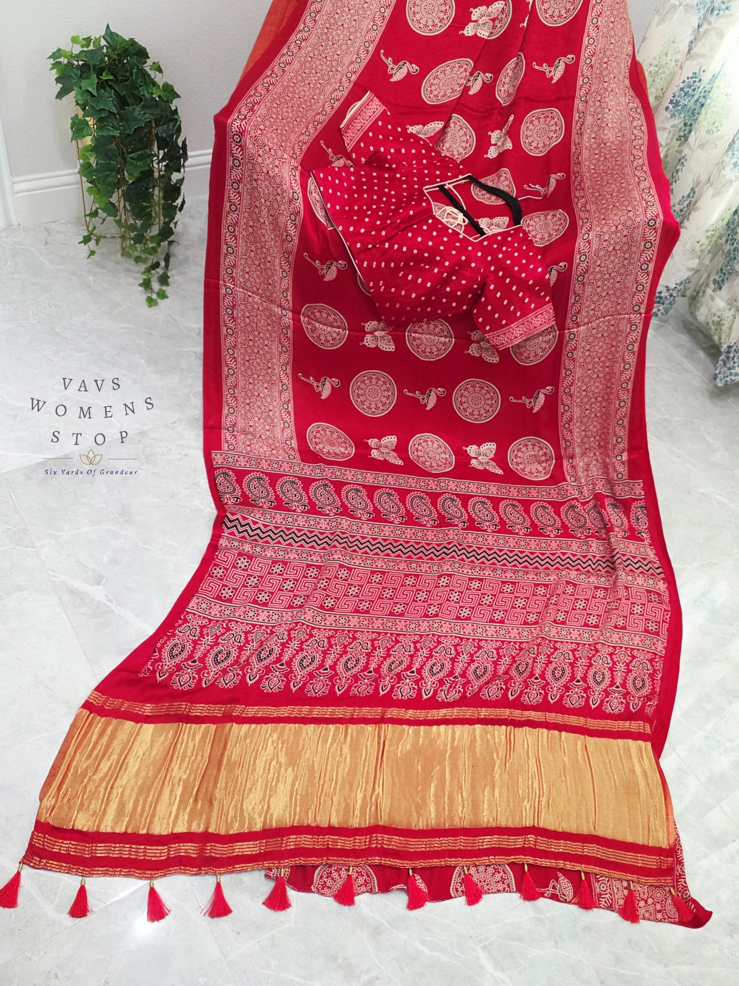 Vintage Ajrakh Semi Modal Silk Saree with Stitched Blouse Size 38-44