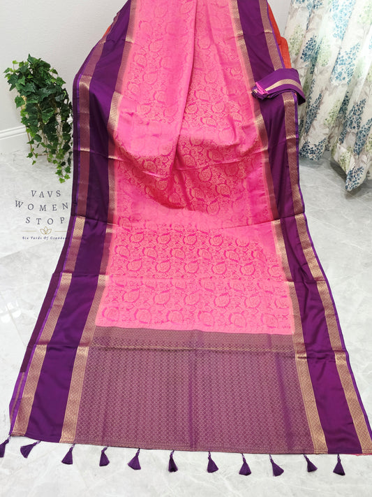 Royal Bubblegum Pink & Royal Violet Gap Border Semi Mysore Crepe Silk Saree