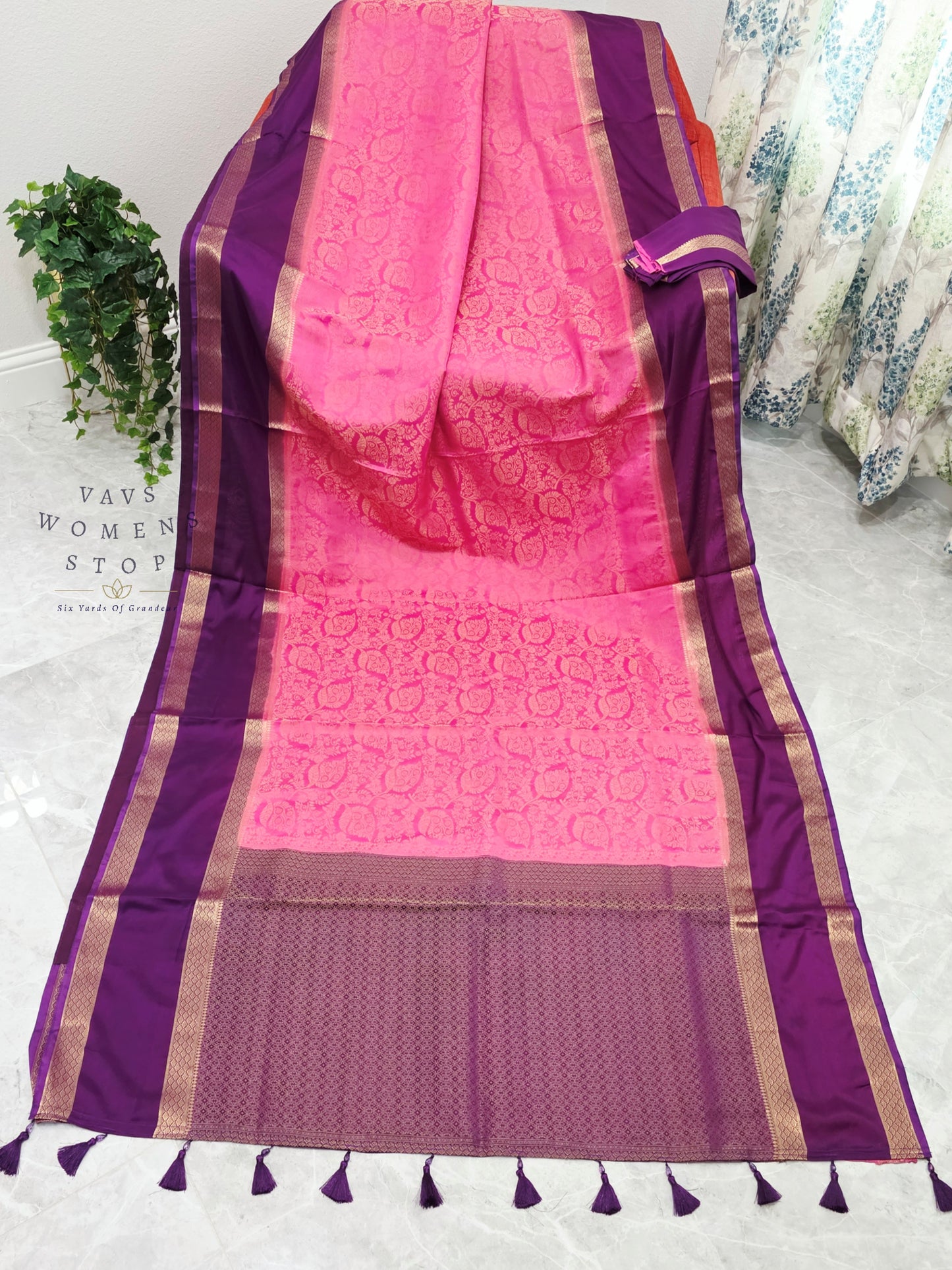 Royal Bubblegum Pink & Royal Violet Gap Border Semi Mysore Crepe Silk Saree