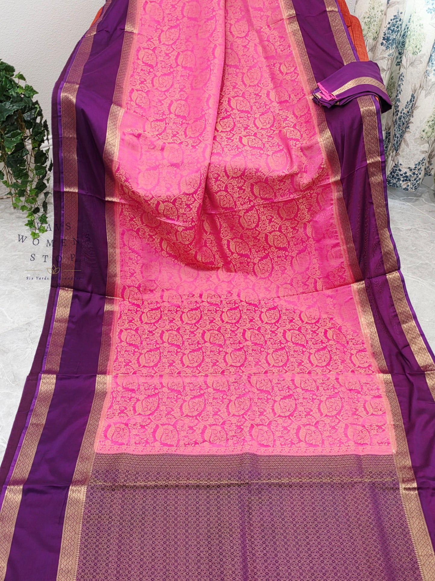 Royal Bubblegum Pink & Royal Violet Gap Border Semi Mysore Crepe Silk Saree