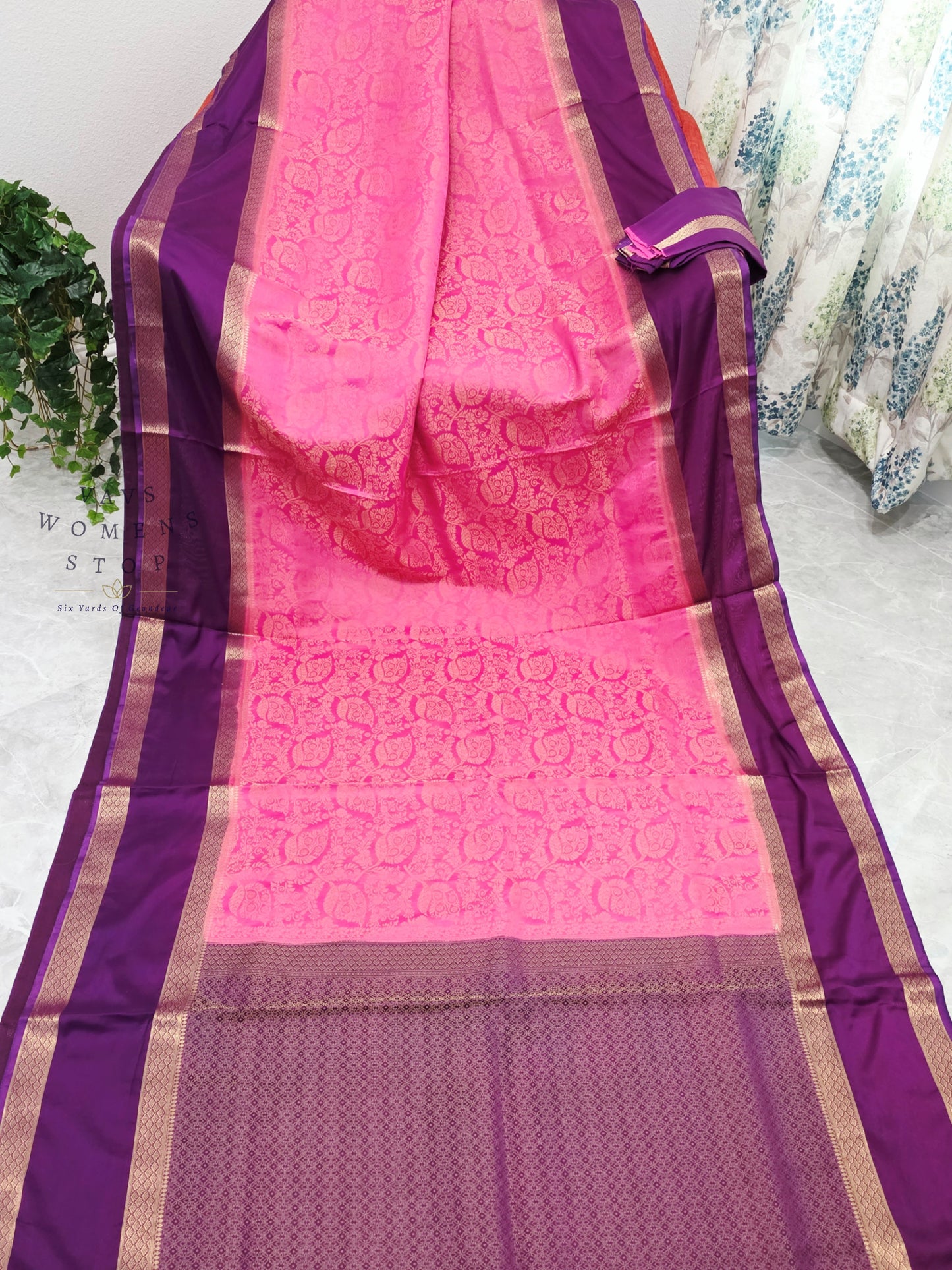 Royal Bubblegum Pink & Royal Violet Gap Border Semi Mysore Crepe Silk Saree
