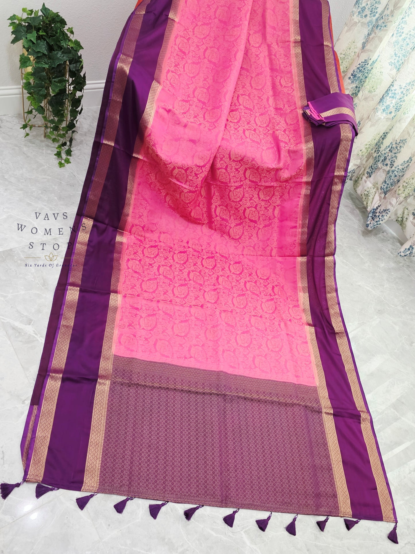 Royal Bubblegum Pink & Royal Violet Gap Border Semi Mysore Crepe Silk Saree