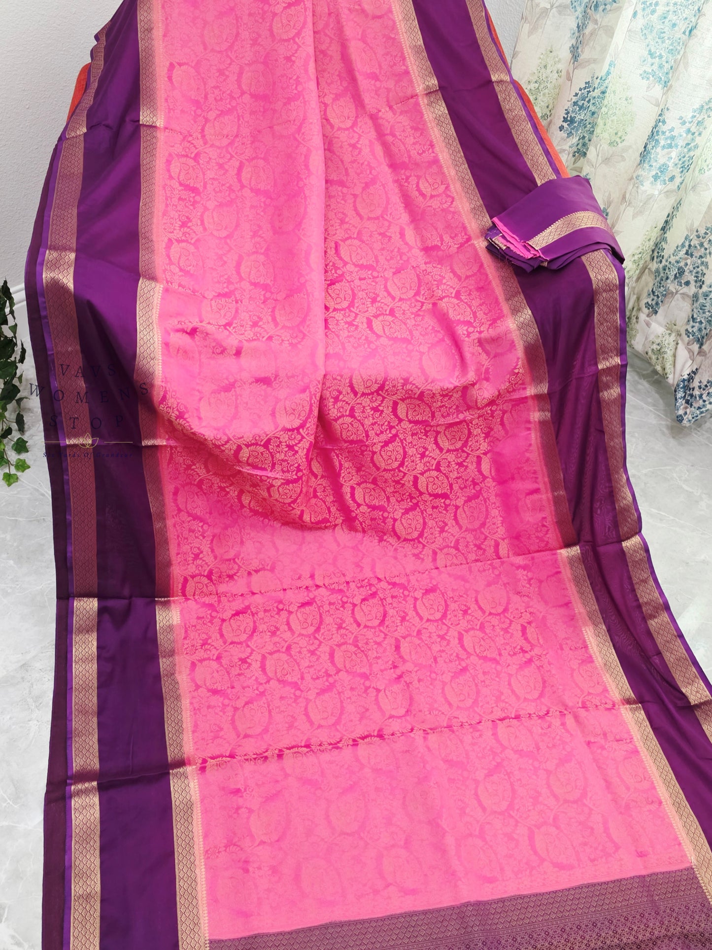 Royal Bubblegum Pink & Royal Violet Gap Border Semi Mysore Crepe Silk Saree