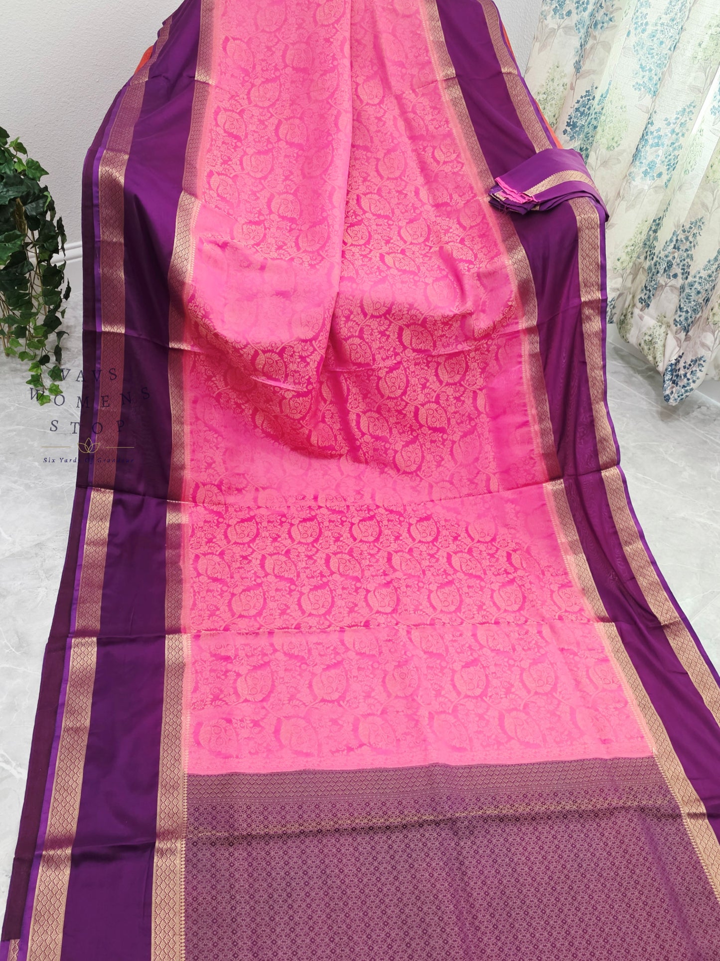 Royal Bubblegum Pink & Royal Violet Gap Border Semi Mysore Crepe Silk Saree